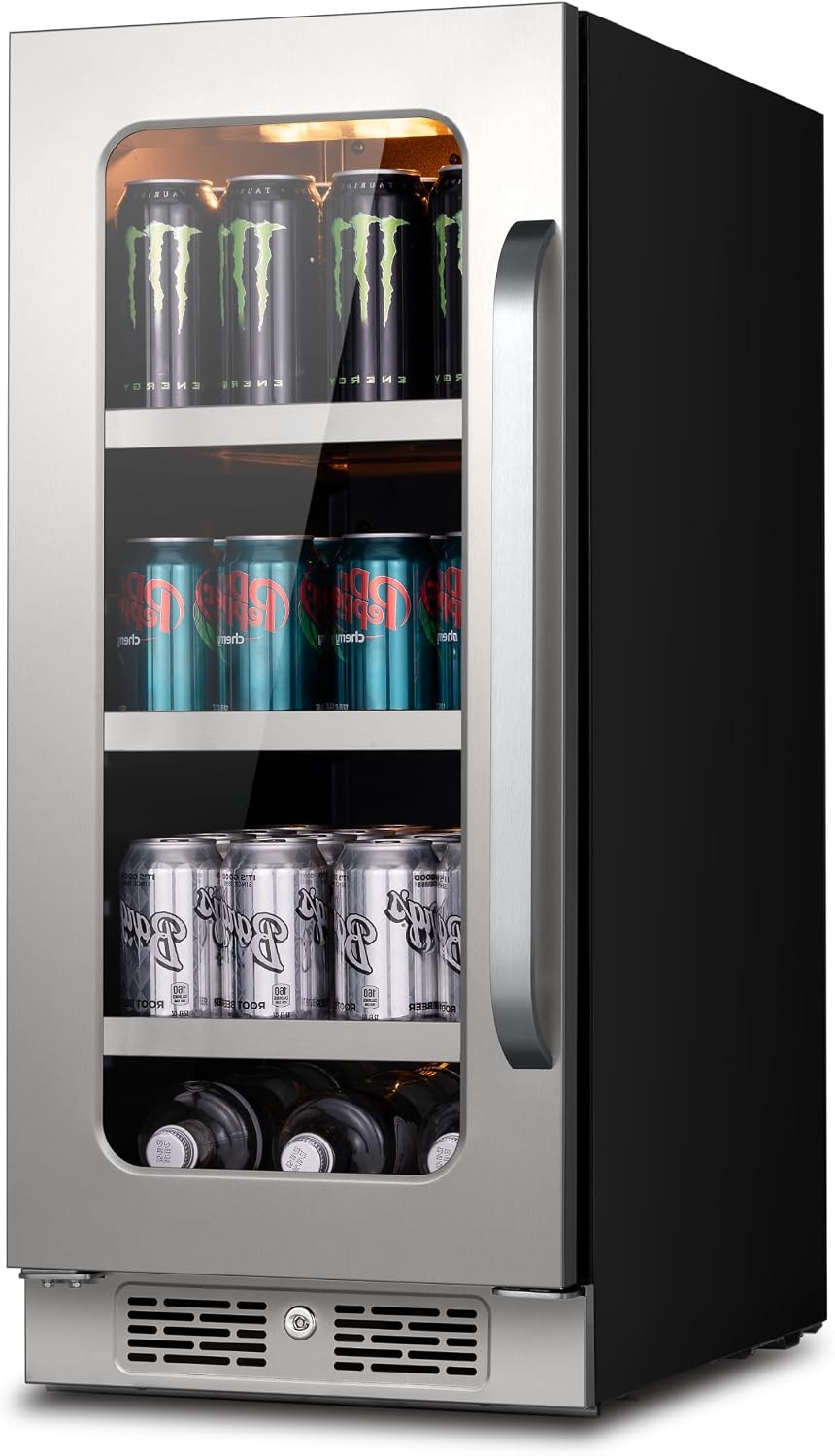 15 Inch Beverage Refrigerator 80 Cans Small Beverage Fridge, Drink Fridge with Glass Door 3 LED 34-54 ℉ Beverage Cooler Built-in or Freestanding Adjustable Shelves for Home/Kitchen(3.0 cu.ft)