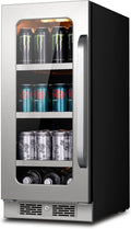 15 Inch Beverage Refrigerator 80 Cans Small Beverage Fridge, Drink Fridge with Glass Door 3 LED 34-54 ℉ Beverage Cooler Built-in or Freestanding Adjustable Shelves for Home/Kitchen(3.0 cu.ft)