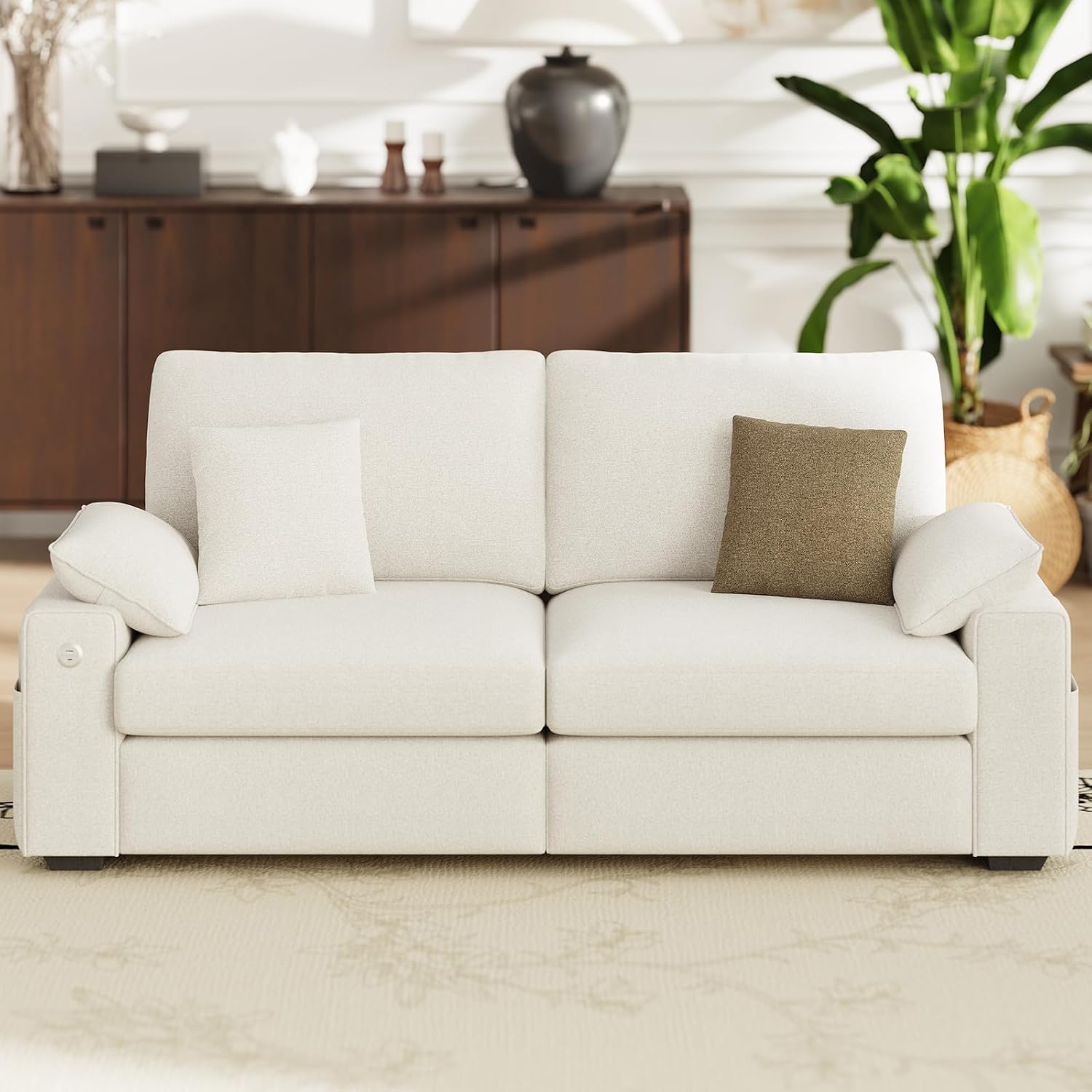 MALOL 76' Loveseat Sofa, Cloud Foam Couch, 3 Seater Upholstered Midcentury Mondern Love Seat with USB Type C Ports, 4 Pillows and Storage Armrest for Living Room/Small Spaces, Beige | Breathable material