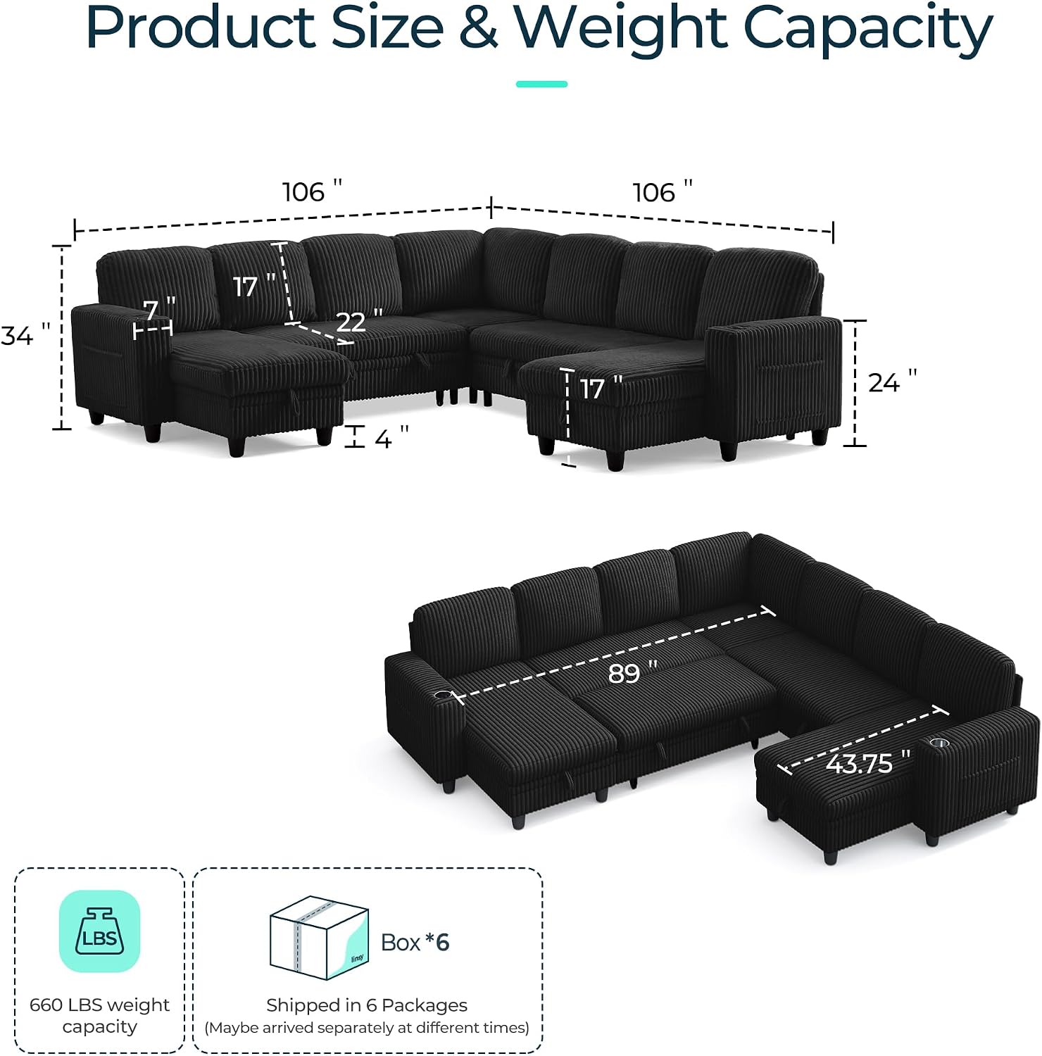 LINSY HOME Sectional Sleeper Sofa with Pull Out Couch Bed - Convertible Plush Corduroy Cloud Couches with Storage Chaise & USB Charging, Comfy Modular Couch for Living Room, Black