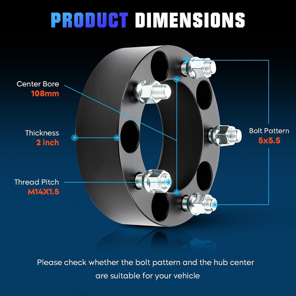 Youxmoto 5X5.5 2inch Wheel Spacers Fit for Ram 1500 2012 2013 2014 2015 2016 2017 2018, 108mm Bore 2'' Wheel Adapters with M14x1.5 Studs, 4PCS