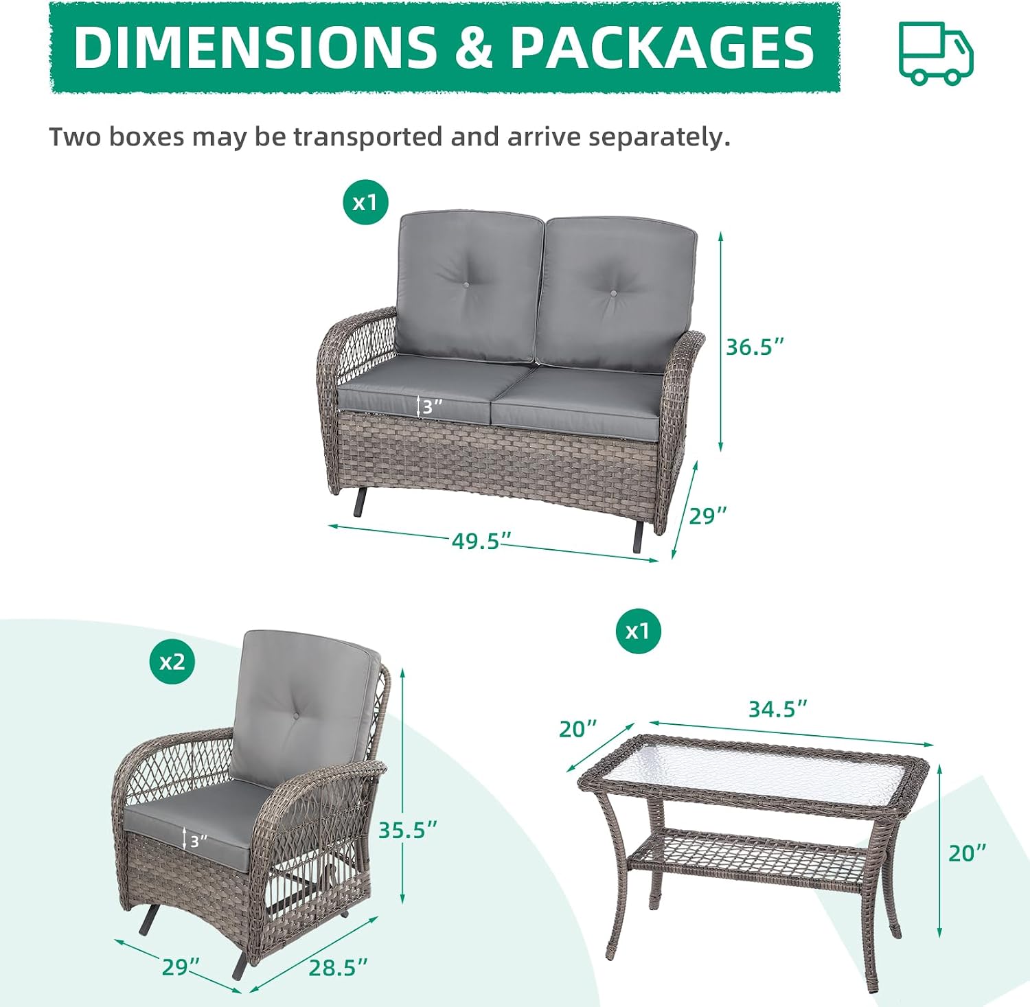 VIVIJASON 4-Piece Outdoor Patio Wicker Conversation Sets, All Weather Outdoor Rattan Furniture Set Includes Glider Loveseat, Coffee Table, 2 Glider Rocker Chairs w/Cushion for Lawn Balcony, Grey
