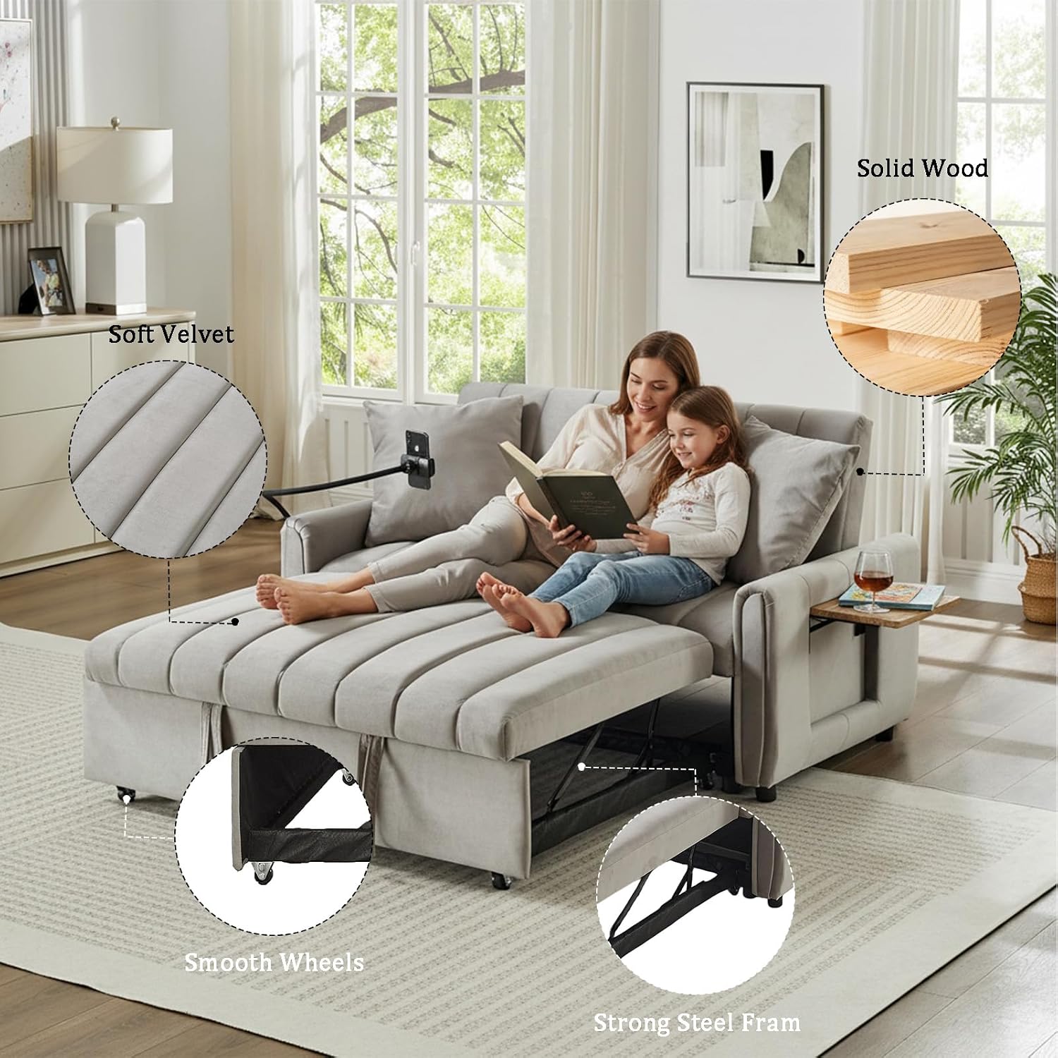 Convertible Sofa Bed, Pull Out Couch with 3-Position Reclining Backrest, Modern Velvet Upholstery Futon Sofa Bed, Loveseat Couch for Living Room, Apartments & Guest Rooms (Grey-2)