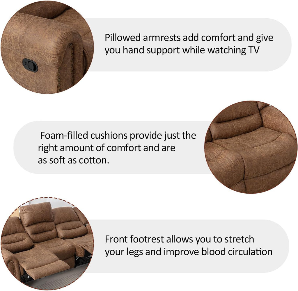 CANMOV Faux Leather Manual Recliner Sofa Set, 2 Recliner Chair and a Loveseat Sofa for Living Room,Bedroom Furniture, Office, Nut Brown