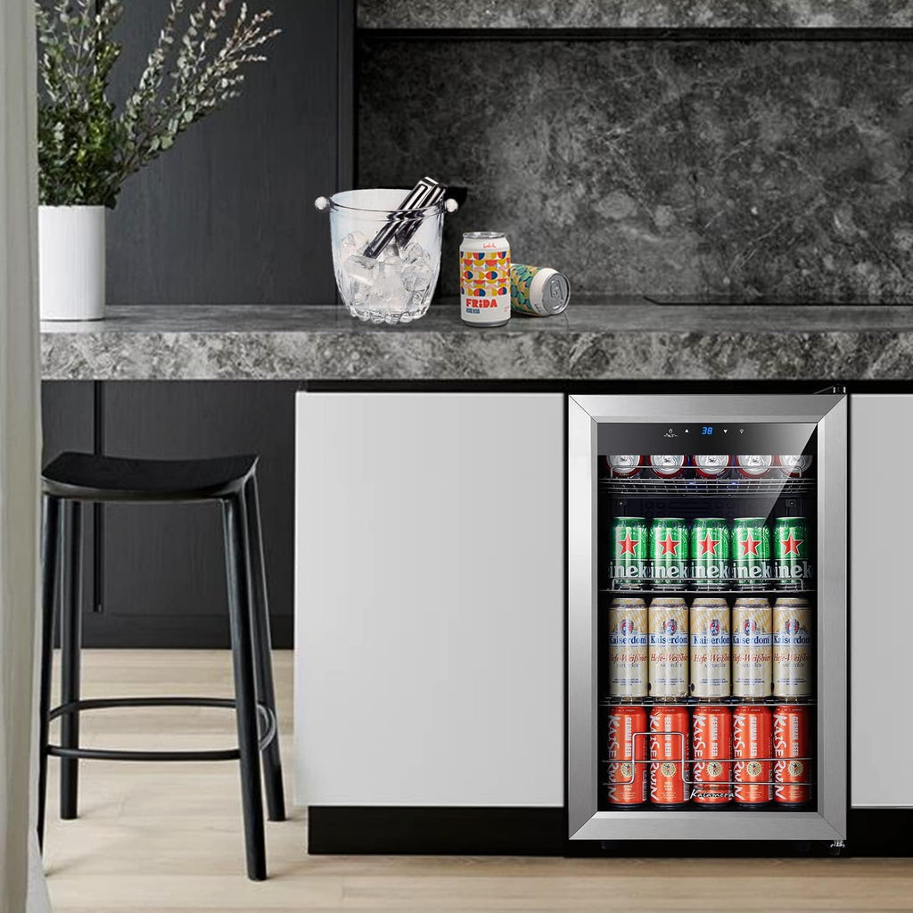 Kalamera Mini Beverage Refrigerator Freestanding- 102 Cans Capacity Beverage Cooler- for Soda, Water, Beer or Wine - For Kitchen or Bar with Whit Interior Light.