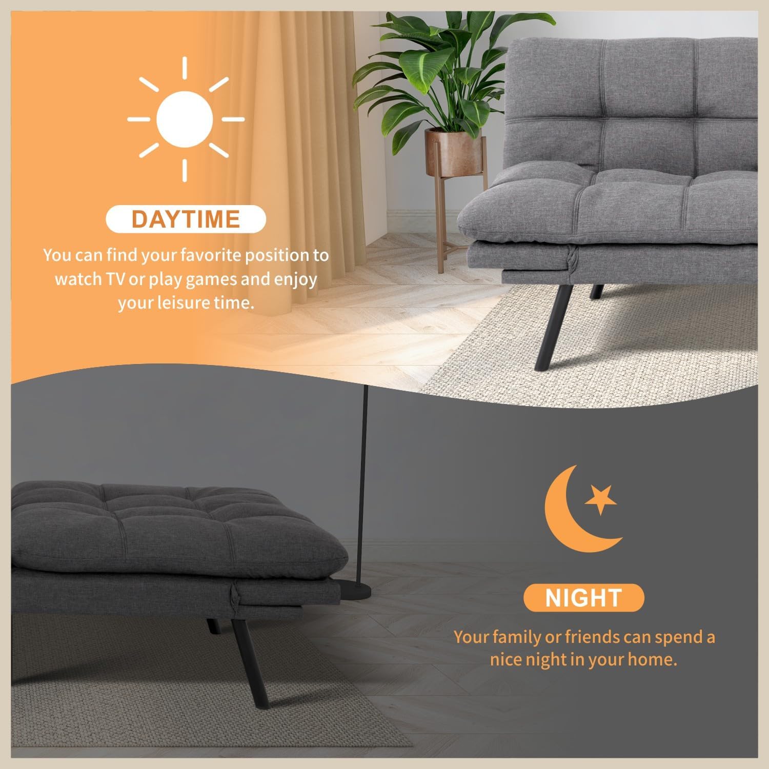 MUUEGM 71' Futon Sofa Bed, Cozy Convertible Loveseat Sleeper, Linen Fabric Couch with Adjustable Back & Arms for Living Room, Guest Room - Ash Gray