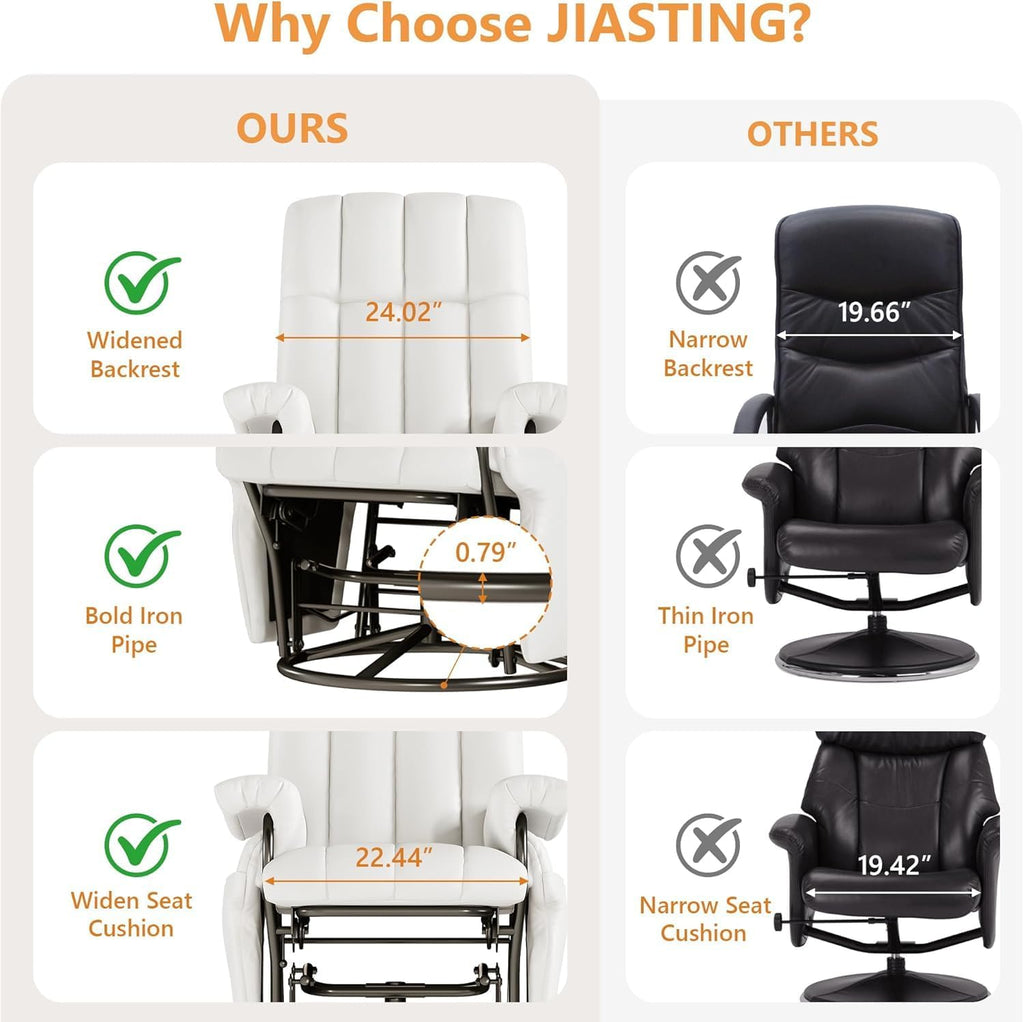 JIASTING 360° Swivel Leather Recliner Chair with Ottoman & Double Side Pockets, Nursing Glider Rocking Recliner Chair, Gliding Chairs for Nursery, Office, Living Room, Bedroom, Metal Frame (White)