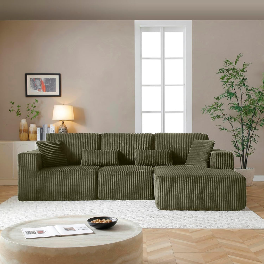 110' Cloud Couch Sectional, L Shaped Boneless Couch Sectional Couches for Living Room, Modern Comfy Corduroy Fluffy Modular Sofa with Deep Seat, No Assembly (Green, Right Facing Chaise)