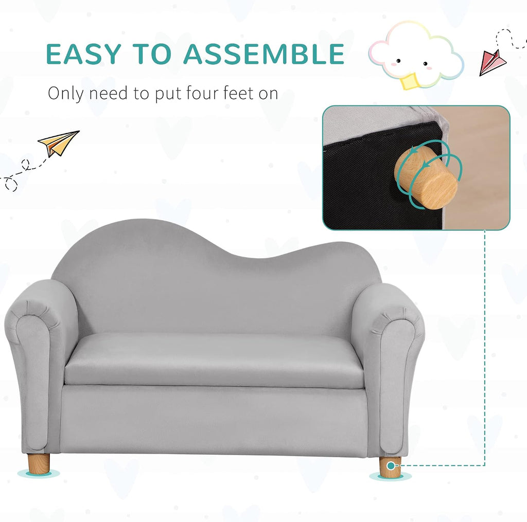 Qaba Ergonomic Foam Kids Sofa with Inner Toy Storage Chest, Velvet Kids Couch with Soft Arms, Children's Lounge Furniture, Gray
