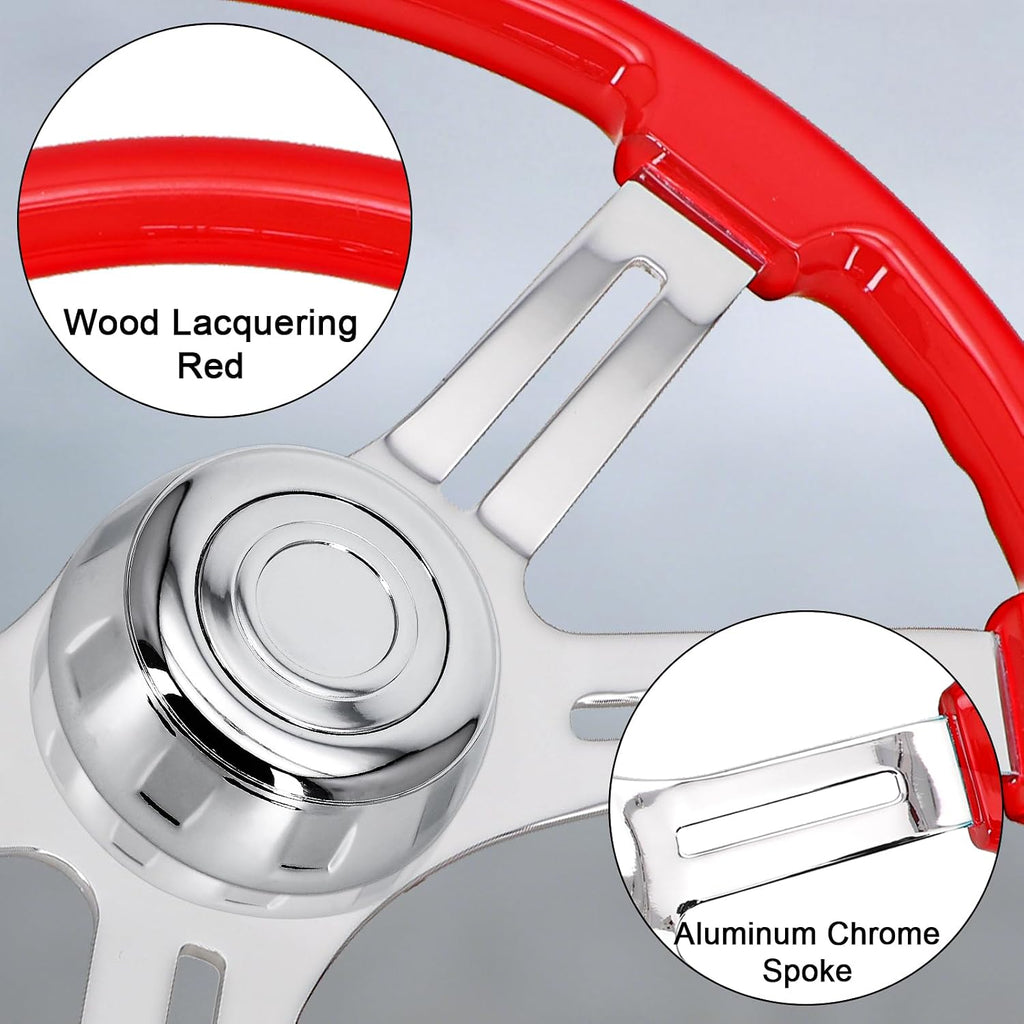 Sorghum 18' Solid Wood Steering Wheel - 4 Spokes Aluminum Chrome Classic Steering Wheel with Horn Button for Semi-Trailers Trucks Compatible with Mack Kenworth Peterbilt Volvo Freightliner-Red