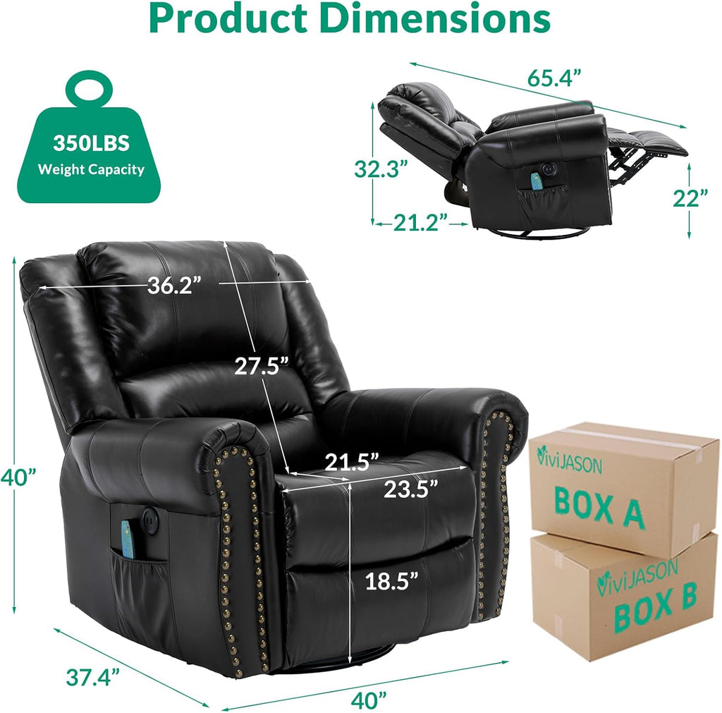 VIVIJASON Massage Swivel Rocker Recliner Chair with Heat & Vibration, 360° Swivel Manual Glider Rocking Reclining Chair with Remote Control, Side Pockets & USB Ports for Living Room, Black