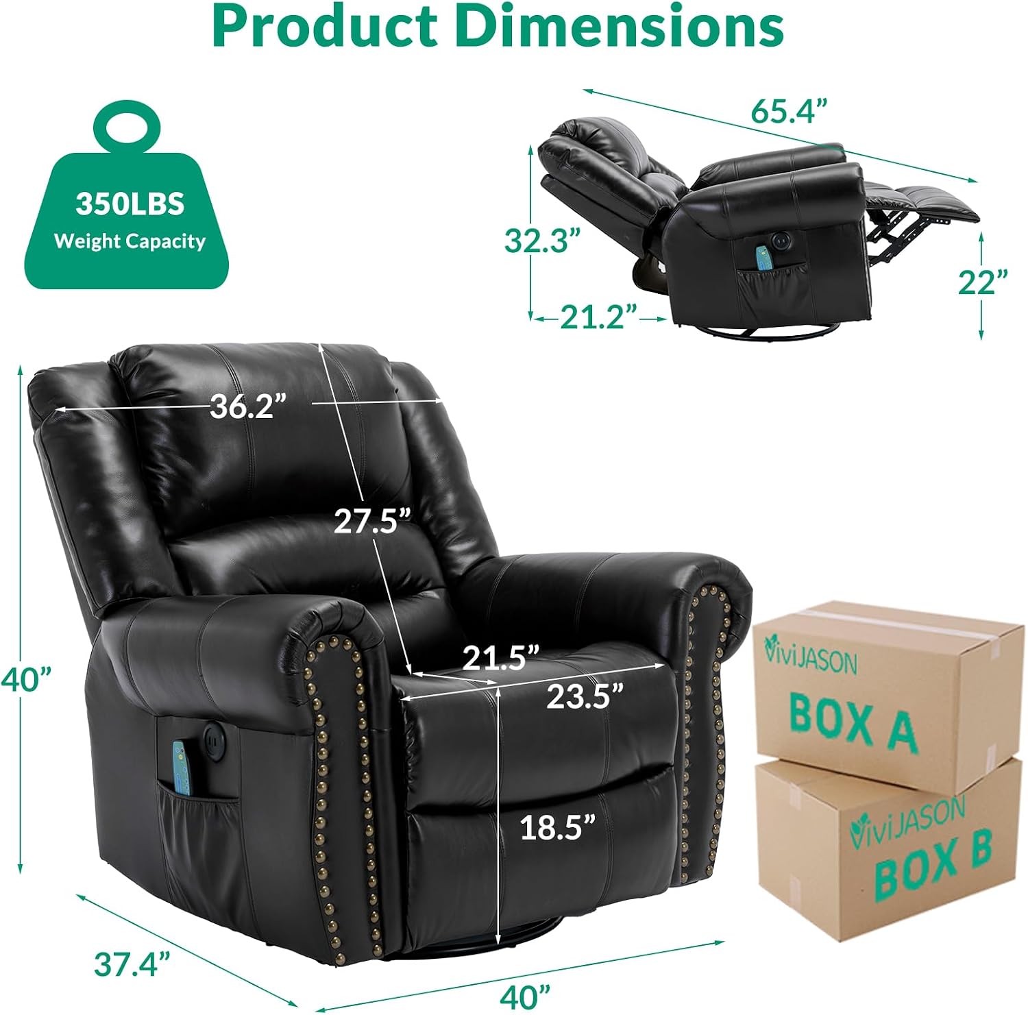 VIVIJASON Massage Swivel Rocker Recliner Chair with Heat & Vibration, 360° Swivel Manual Glider Rocking Reclining Chair with Remote Control, Side Pockets & USB Ports for Living Room, Black