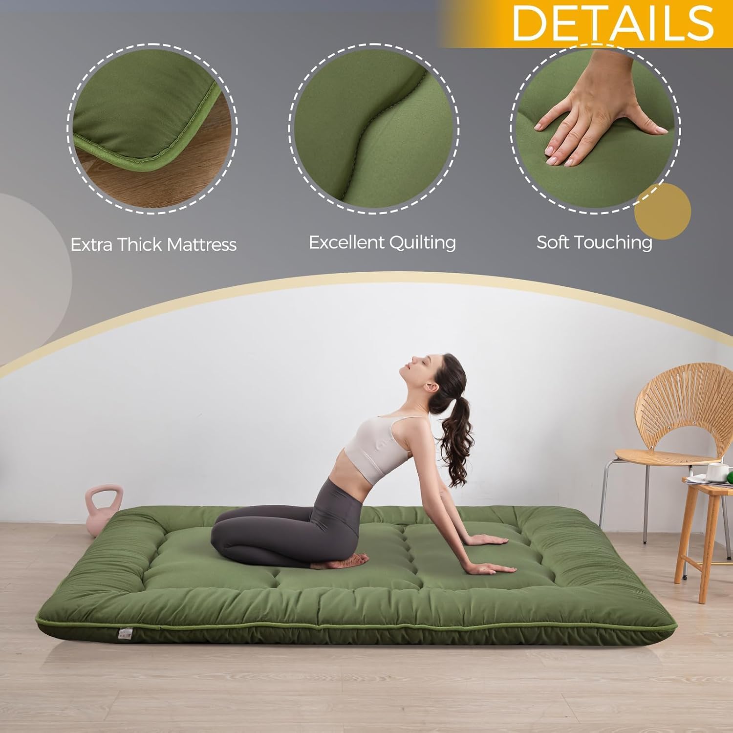 MAXYOYO 6' Extra Thick Japanese Floor Mattress Futon Mattress, Foldable Tatami Pad for Adults, Roll Up Floor Mat for Living Room Guest Room RV, Green, Full