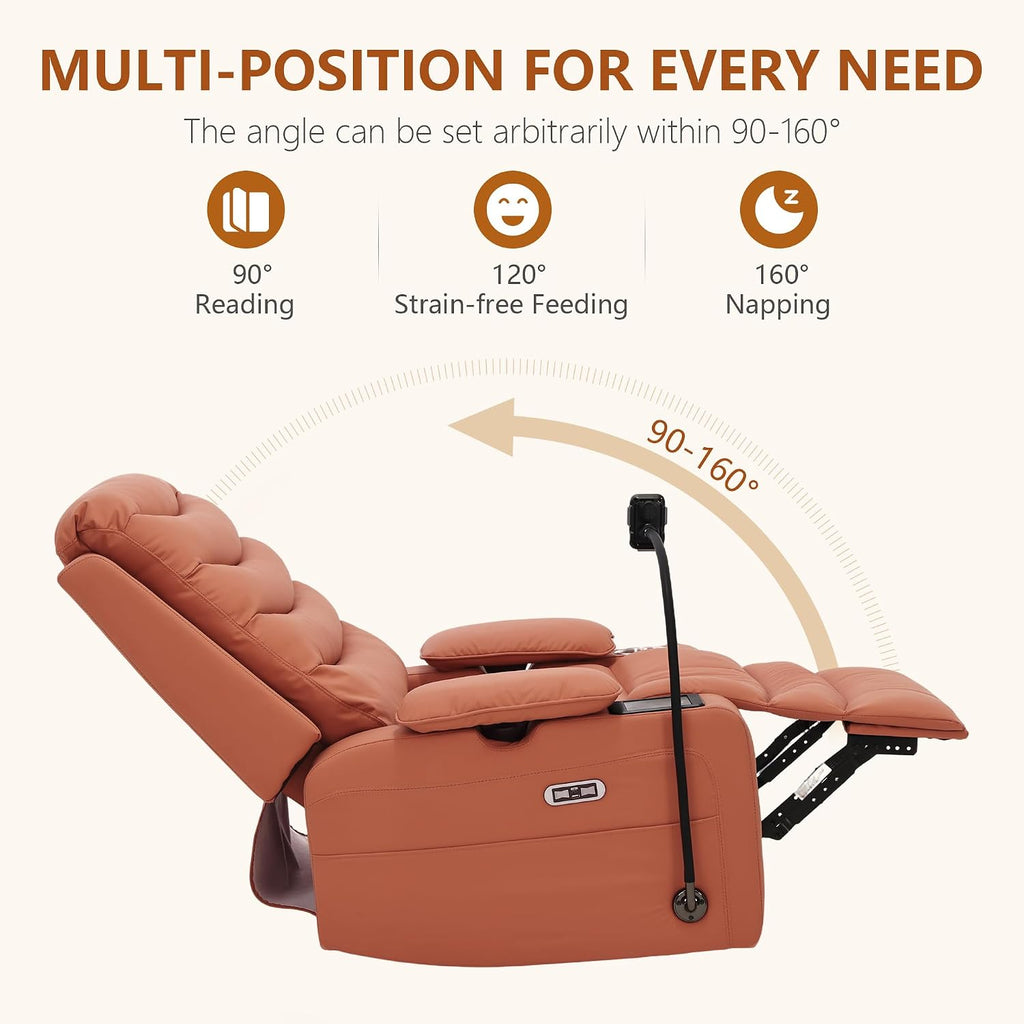 Holaki Rocking Chair Nursery, Oversized Glider Recliner Nursery Chair Swivel Reading Chair with Heated Lumbar Support Smart Cup Holder and Fast-Charging Phone Mount for Breastfeeding(Orange)