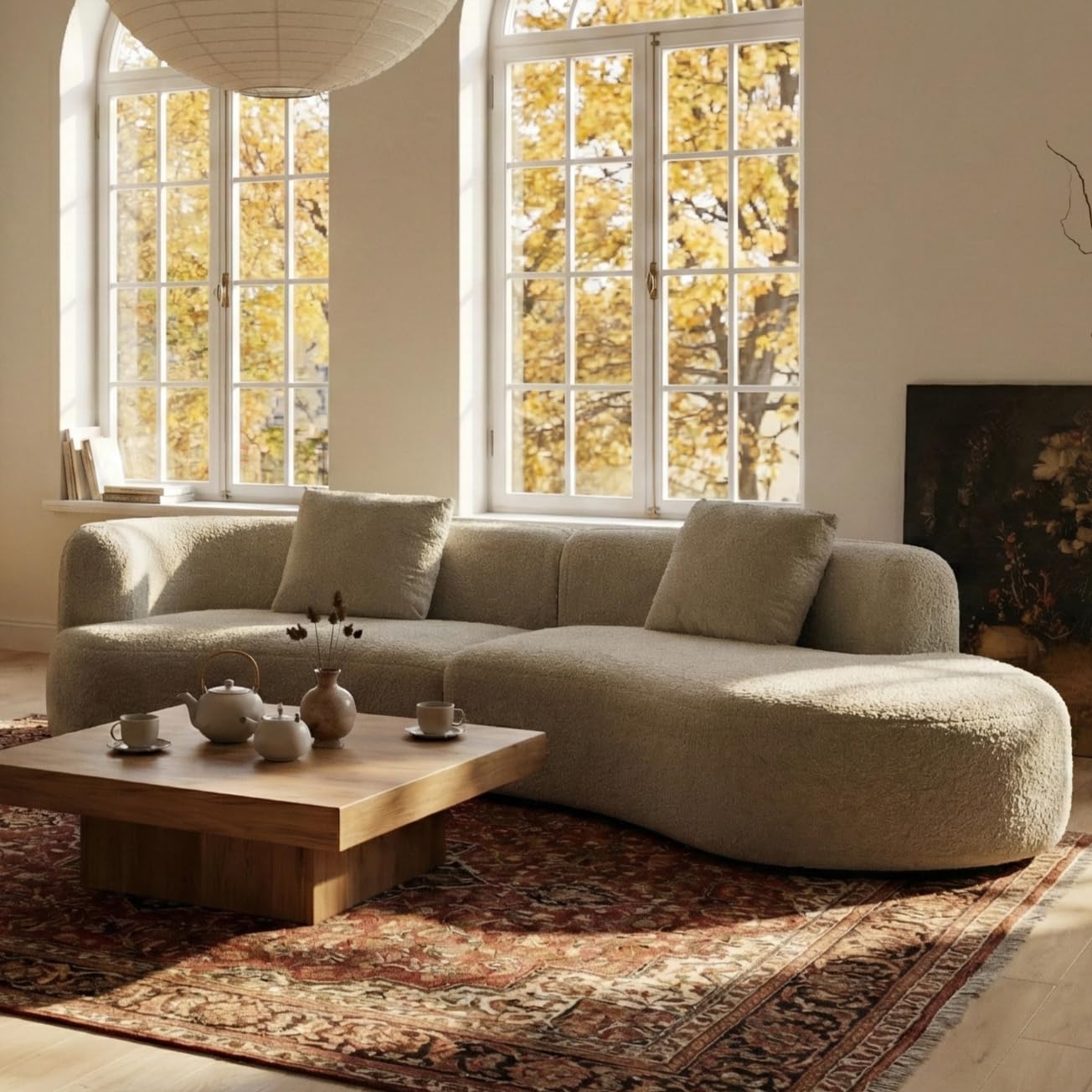 Acanva Modern Curved Sectional Living Room Couch, Minimalist Comfy Boucle Fabric Modular Sofa for Apartment, Home Office, 114' W Right Hand Facing, Light Coffee