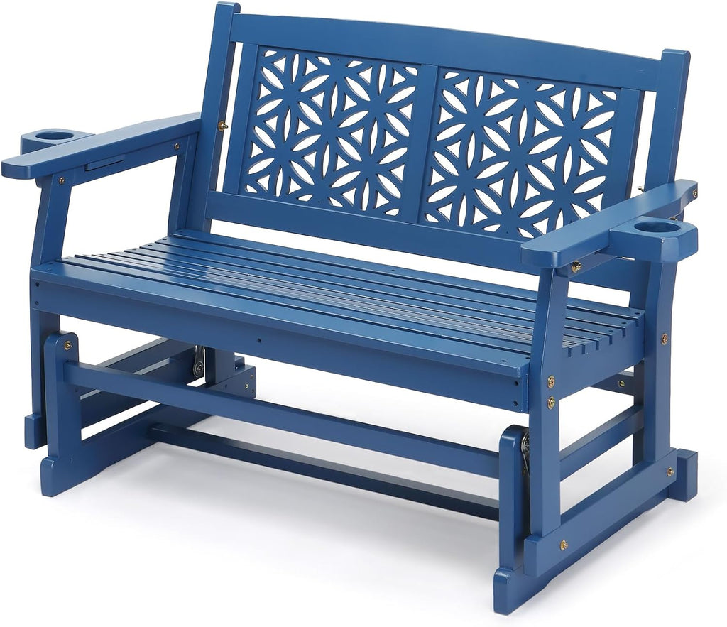 VINGLI Outdoor Glider for Adults, Patio Glider Love Seat with Cup Holders, Wooden Glider Bench with Floral Back for Garden, Yard, Patio, Blue