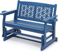 VINGLI Outdoor Glider for Adults, Patio Glider Love Seat with Cup Holders, Wooden Glider Bench with Floral Back for Garden, Yard, Patio, Blue