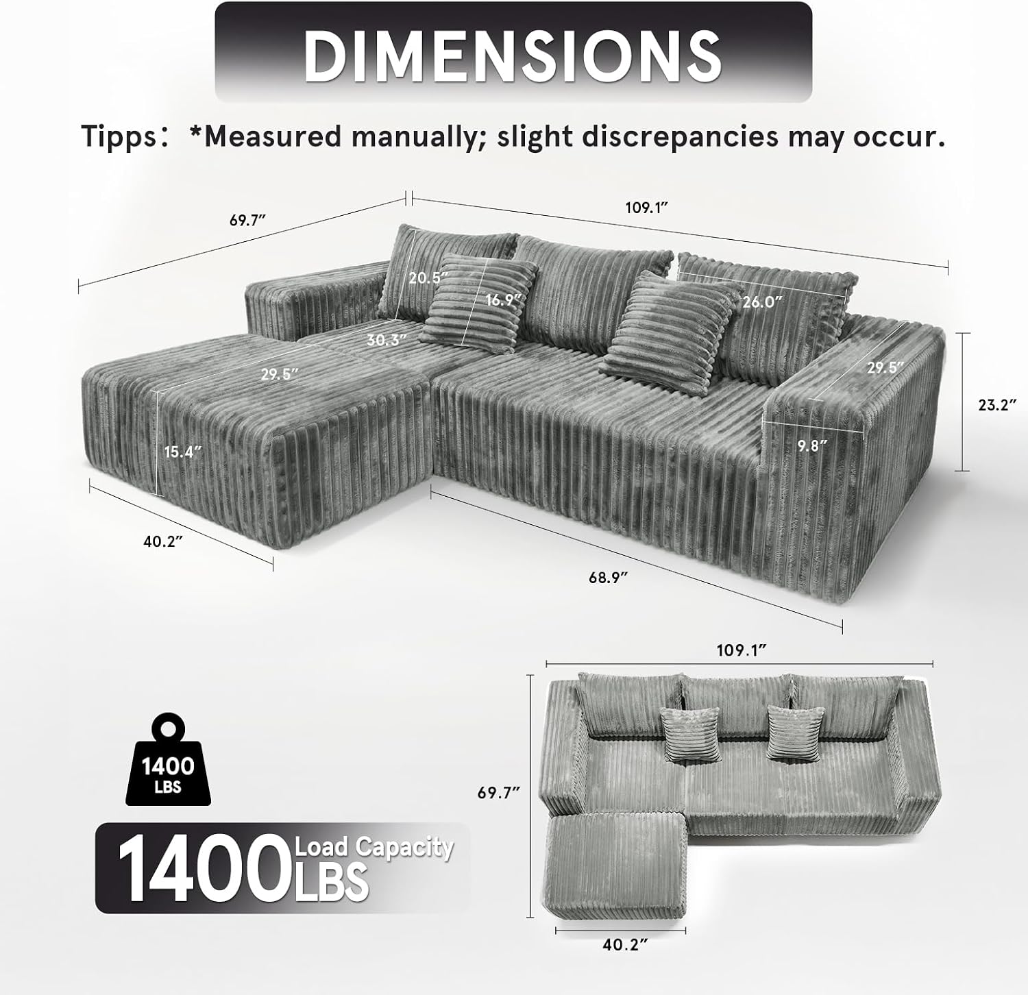Sytopia 109' L-Shaped Cloud Couch, Modular Sectional Sofa with Deep Seat for Living Room Bedroom, Modern Floor Couch Corduroy, Comfy Sleeper Futon Sofa Bed 40D Foam Furniture, Left Facing