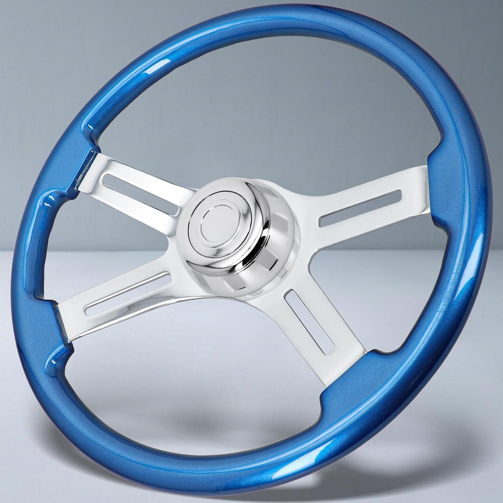 Sorghum 18' Solid Wood Steering Wheel - 4 Spokes Aluminum Chrome Classic Steering Wheel with Horn Button for Semi-Trailers Trucks Compatible with Mack Kenworth Peterbilt Volvo Freightliner-Blue