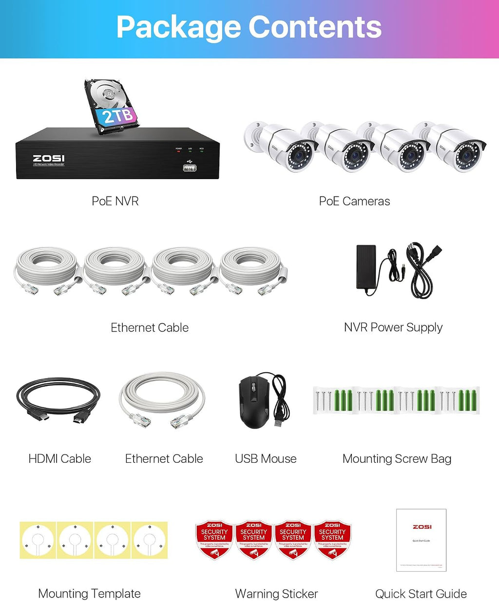 ZOSI 8CH 5MP 2K+ PoE Security Cameras System Outdoor with 2TB Hard Drive,H.265+ 5MP 8Channel NVR System and 4pcs Wired 5MP IP67 Weatherproof 120ft Night Vision PoE IP Cameras for 24/7 Recording