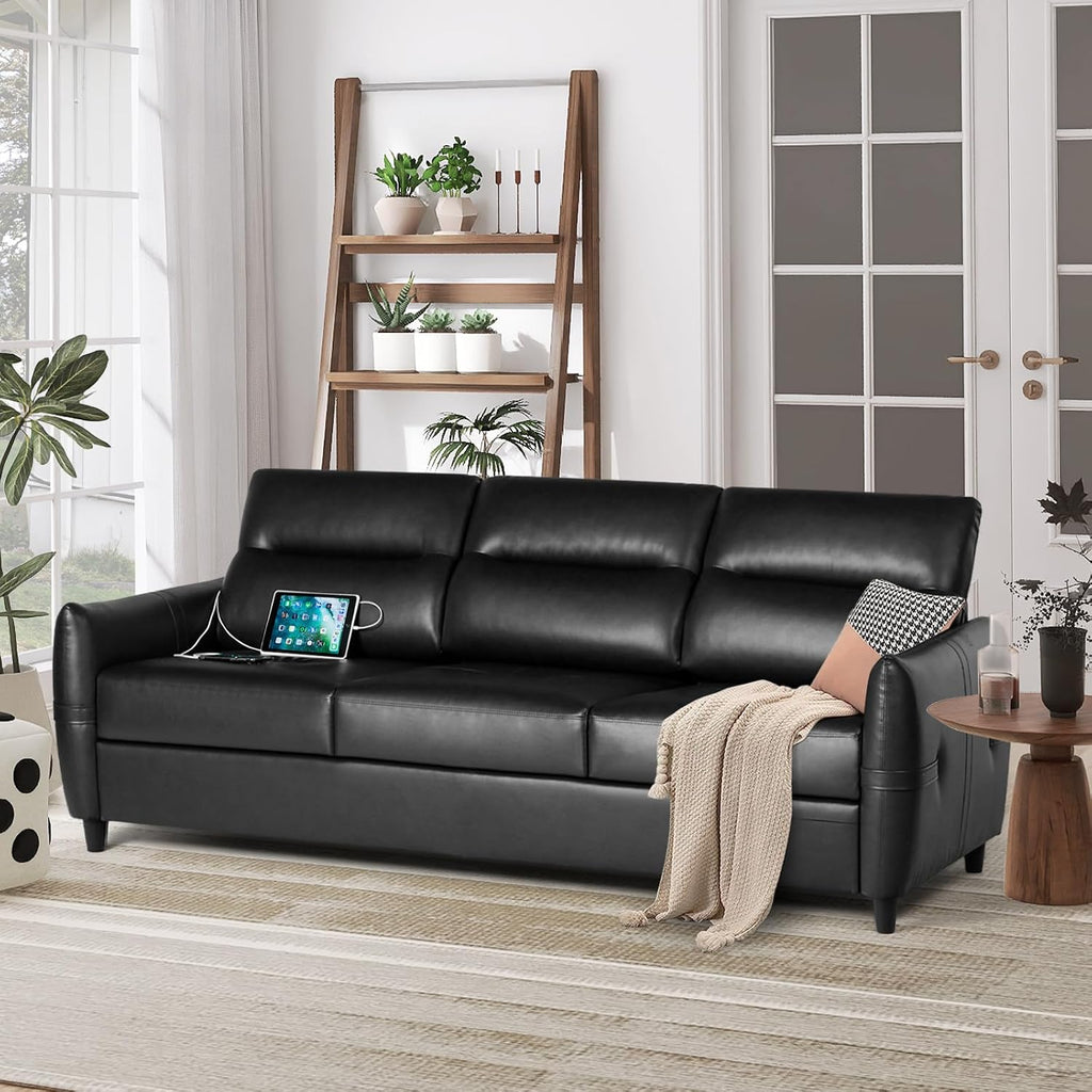 STHOUYN 85' Black Faux Leather Couch with USB, 3 Seater Sofa Couches for Living Room, Large Mid Century Modern Office Apartment Couch (Black)