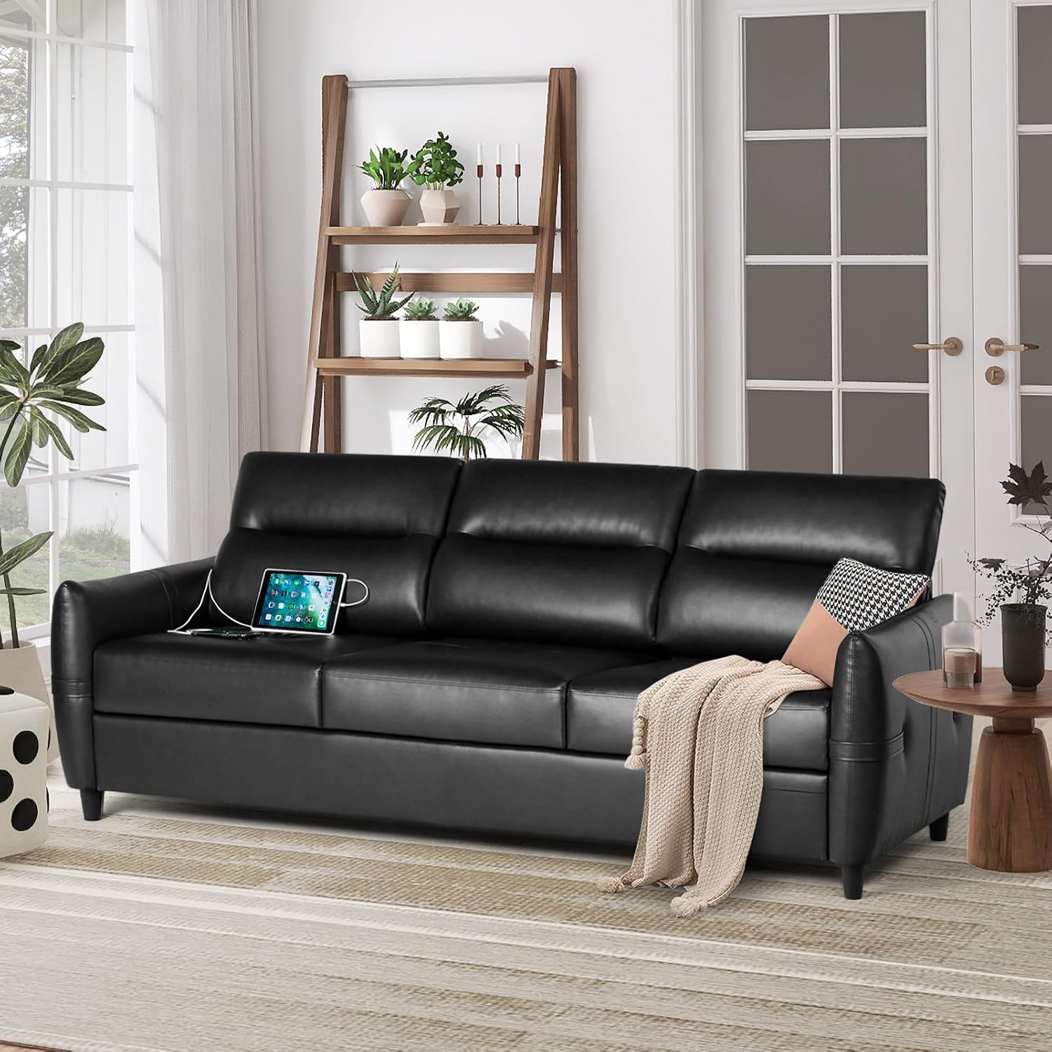 STHOUYN 85' Black Faux Leather Couch with USB, 3 Seater Sofa Couches for Living Room, Large Mid Century Modern Office Apartment Couch (Black)