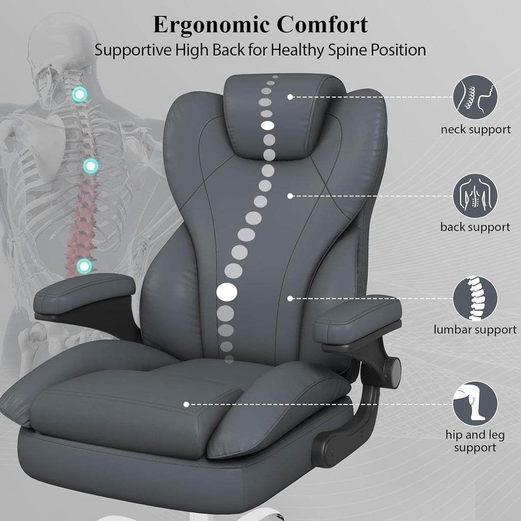 Office Desk Chair, Executive Leather Office Chair, High Back Ergonomic Home Desk Chair with Padded Flip-up Arms, Big and Tall Computer Chair with Rocking Function, 360°Swivel Free, Gray