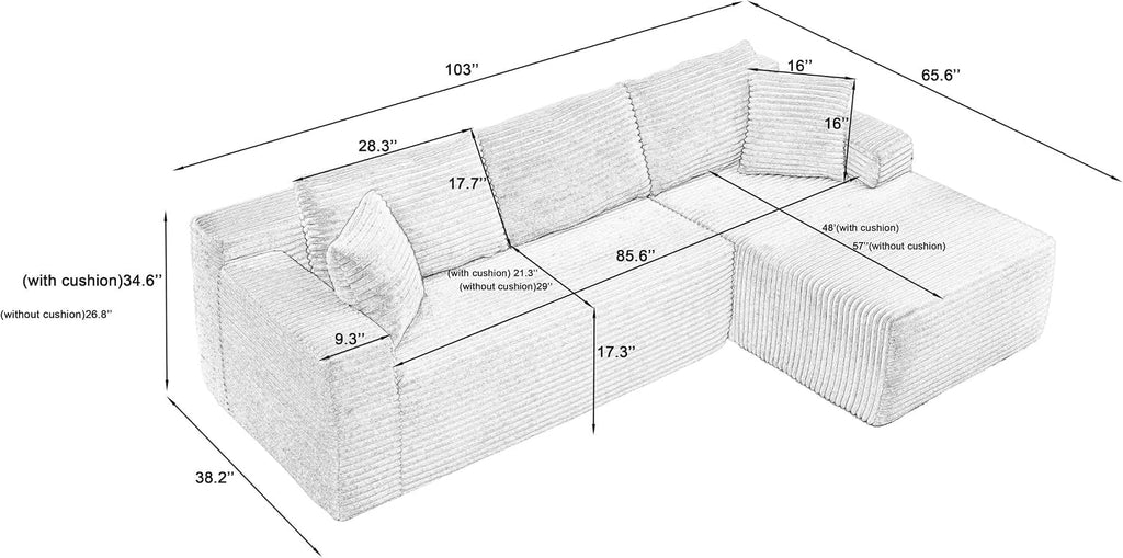 Cloud Couch Sectional, L Shaped Boneless Couch Sectional Couches for Living Room, Modern Comfy Corduroy Fluffy Modular Sofa with Deep Seat, No Assembly (Black, Right Facing Chaise)