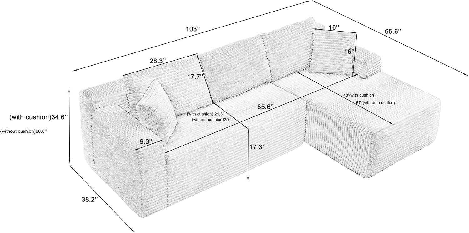 Cloud Couch Sectional, L Shaped Boneless Couch Sectional Couches for Living Room, Modern Comfy Corduroy Fluffy Modular Sofa with Deep Seat, No Assembly (Black, Right Facing Chaise)