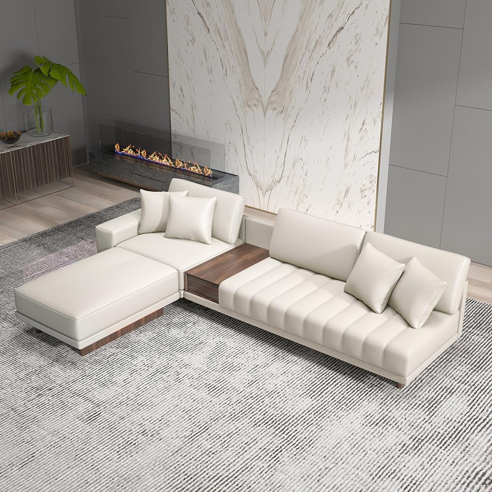 homary Leather Sectional Sofa – 126' Oversized L-Shaped Modular Couch with Storage Table & Ottoman, White Sofa for Modern Living Room or Family Space (Microfiber Leather, Ivory)