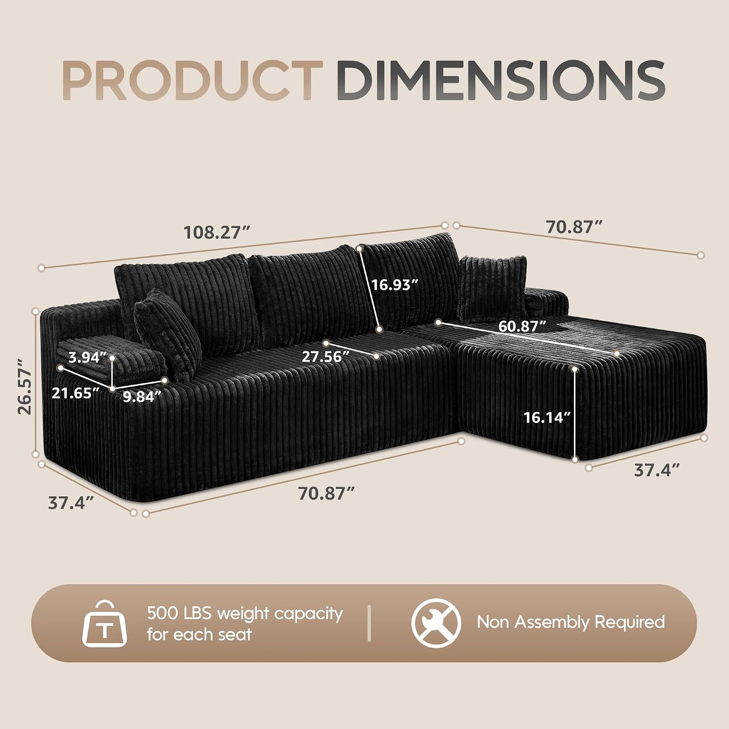 Modular Sectional Sofa Couches L-Shape Couch 3 Seat Modular Sofa Memory Foam Sectional Couches for Living Room, Cloud Couch with Oversized Chaise (Black Stripe, 108' Right Facing Chaise)