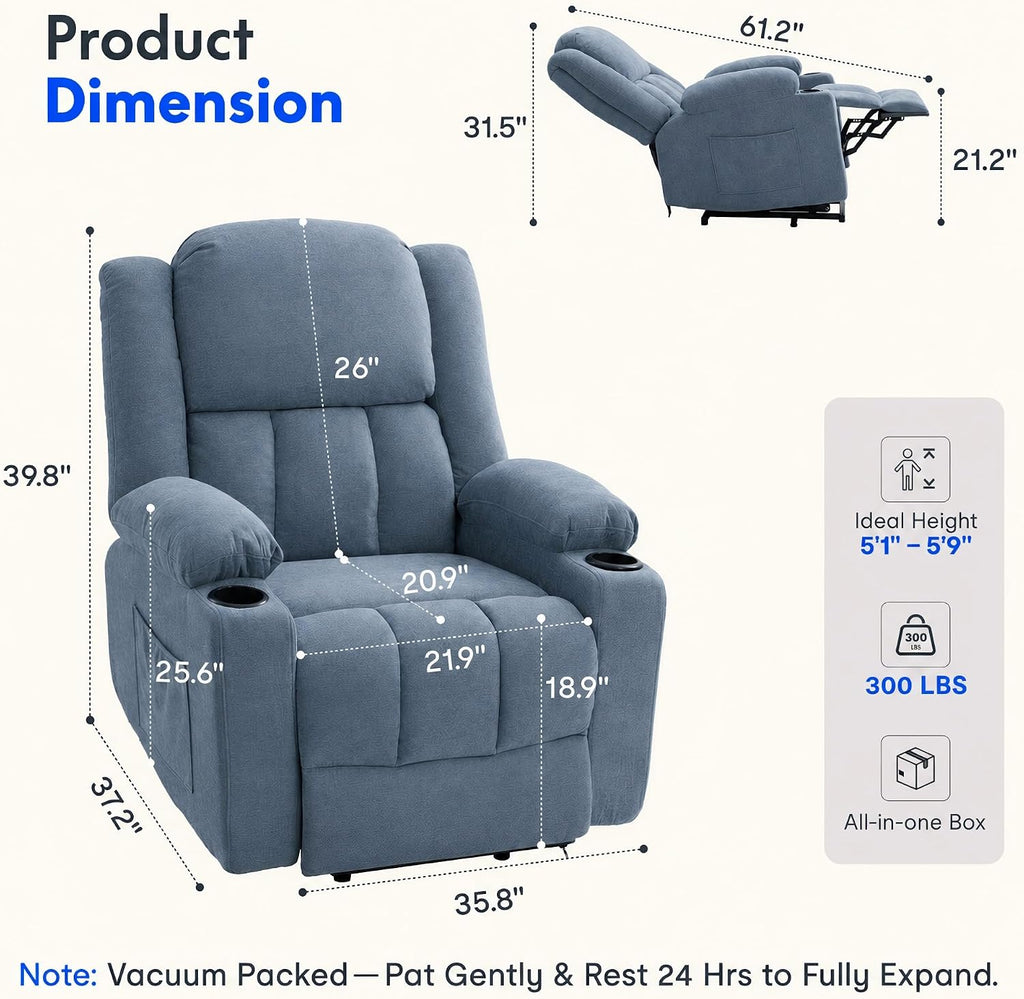 FLEXISPOT XL31 Power Lift Recliner Chair for Elderly, Electric Lift Chair with Massage & Heat, Fabric Reclining Sofa w/USB & Type-C Charging for Living Room Bedroom(Medium Size, Denim Blue)