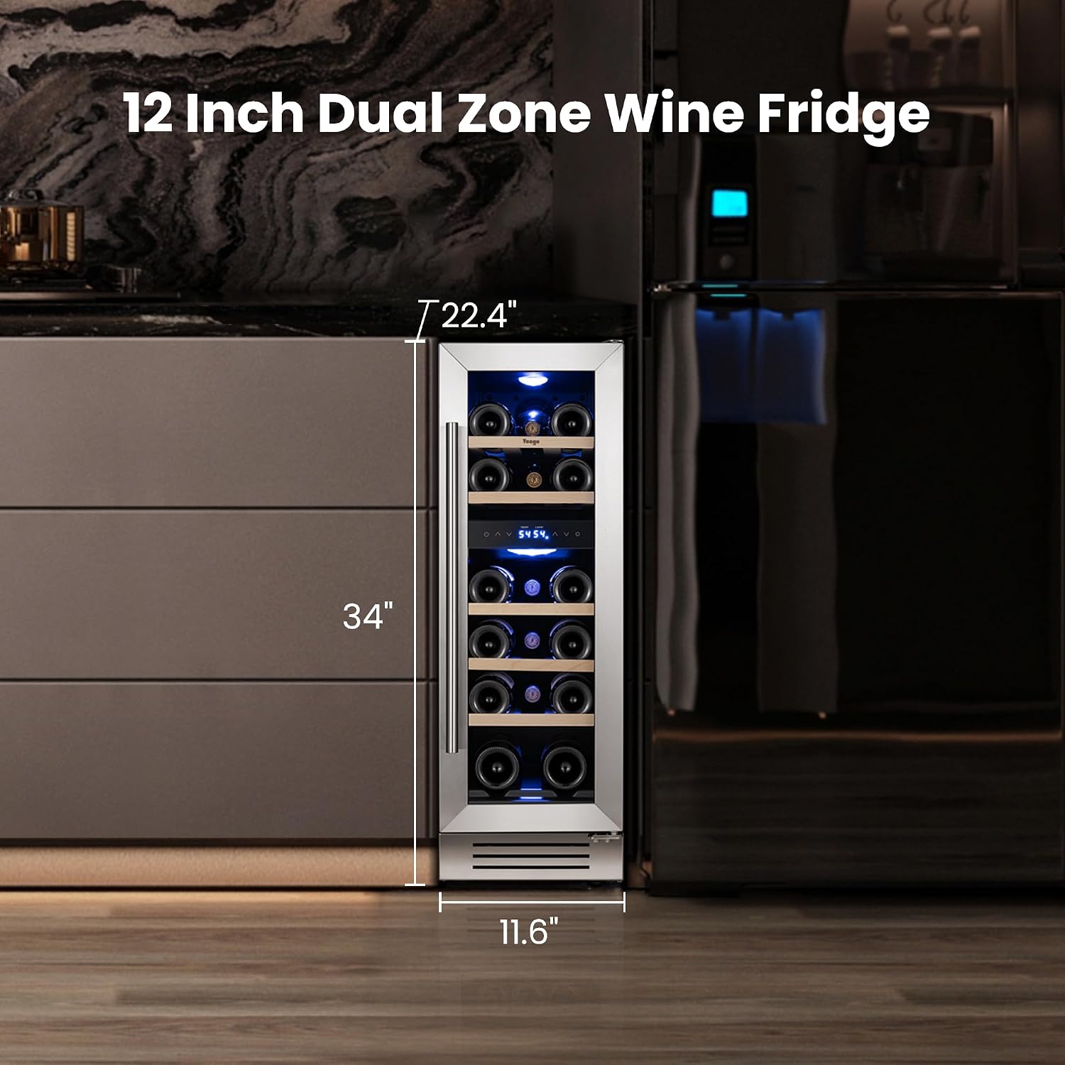 Yeego Wine Fridge Cooler - 12 Inch Wine Fridge Hold 17 Bottles, 40-65°F Dual Zone Wine Refrigerator Glass Door, Built in Fridge, Freestanding or Adjustable Shelves Fridge for Home Bar Office