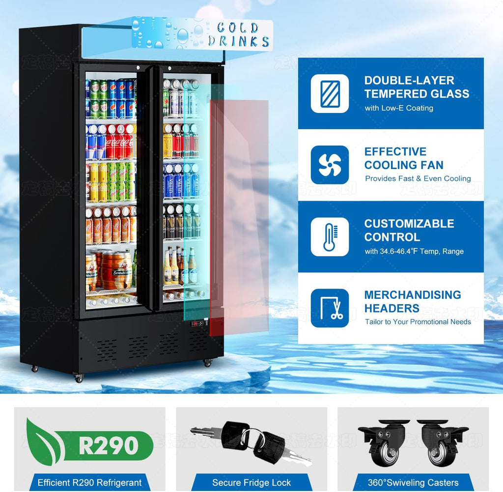 Commercial Beverage Refrigerator, 30 Cu.ft. Fridge Display Glass Door Upright Display Door with Adjustable Shelves LED Light for Restaurant,Grocery Stores,Office