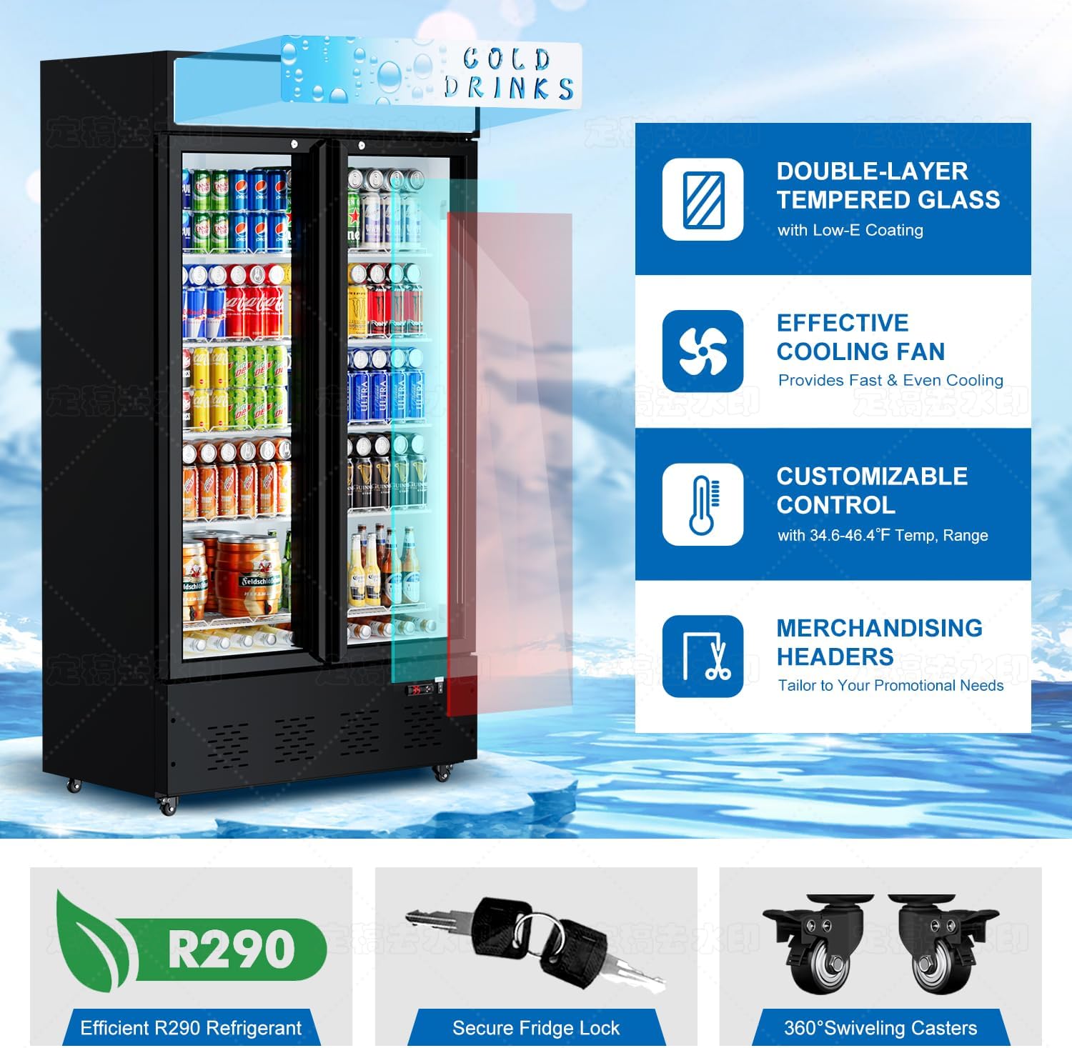 Commercial Beverage Refrigerator, 30 Cu.ft. Fridge Display Glass Door Upright Display Door with Adjustable Shelves LED Light for Restaurant,Grocery Stores,Office
