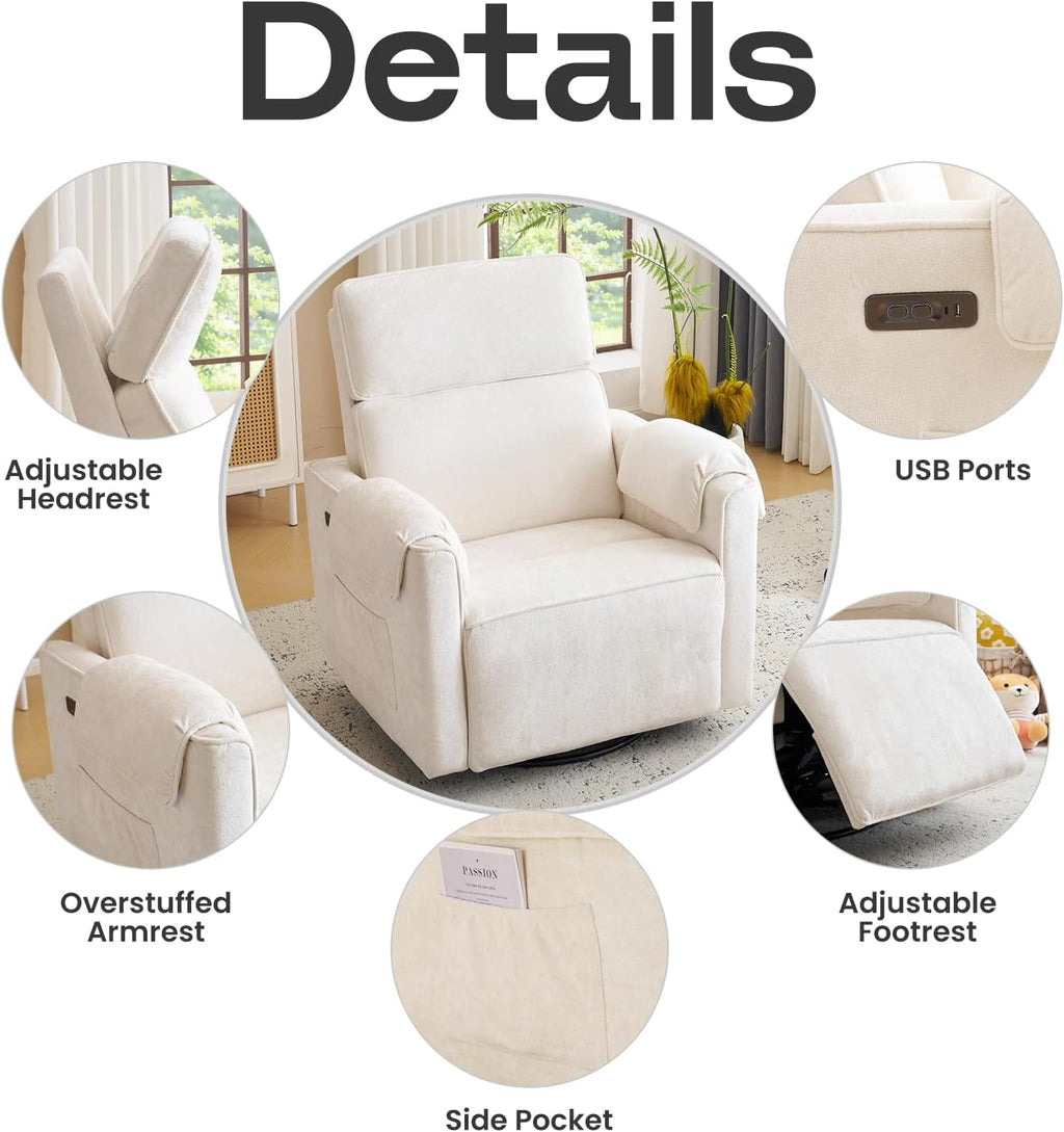 Chenille Rocking Chair Nursery with Adjustable Headrest, 24' Extra Wide Swivel Rocker Recliner with Overstuffed Armrest, Oversized Power Rocker Recliner with USB Ports, Cream
