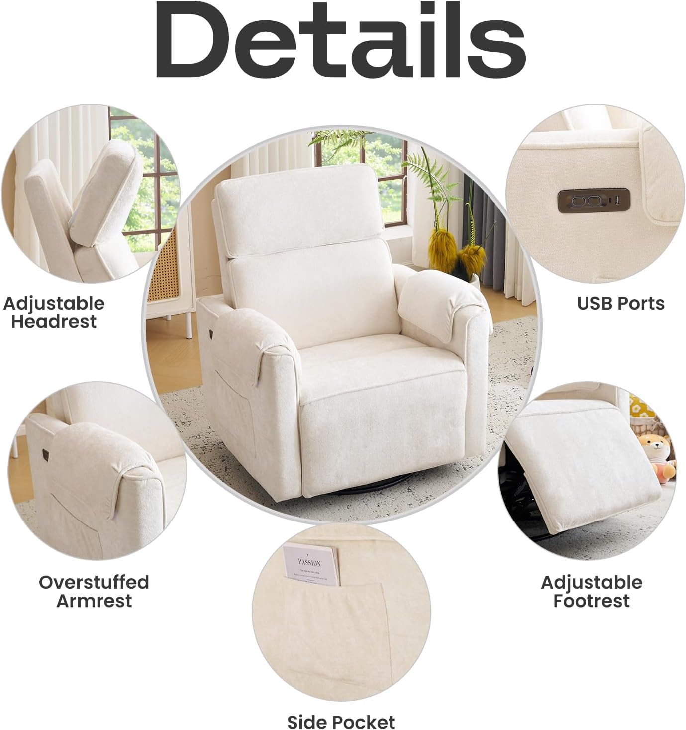 Chenille Rocking Chair Nursery with Adjustable Headrest, 24' Extra Wide Swivel Rocker Recliner with Overstuffed Armrest, Oversized Power Rocker Recliner with USB Ports, Cream