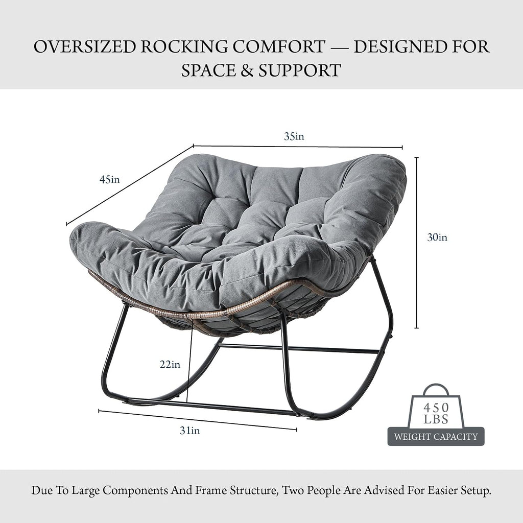 Outdoor Rocking Chair, Oversized Papasan Wicker Lounge Chair with Cushion, Relaxing Patio Rocker, Indoor Reading Egg Chair for Porch, Patio, Bedroom, Garden (Dark Grey)