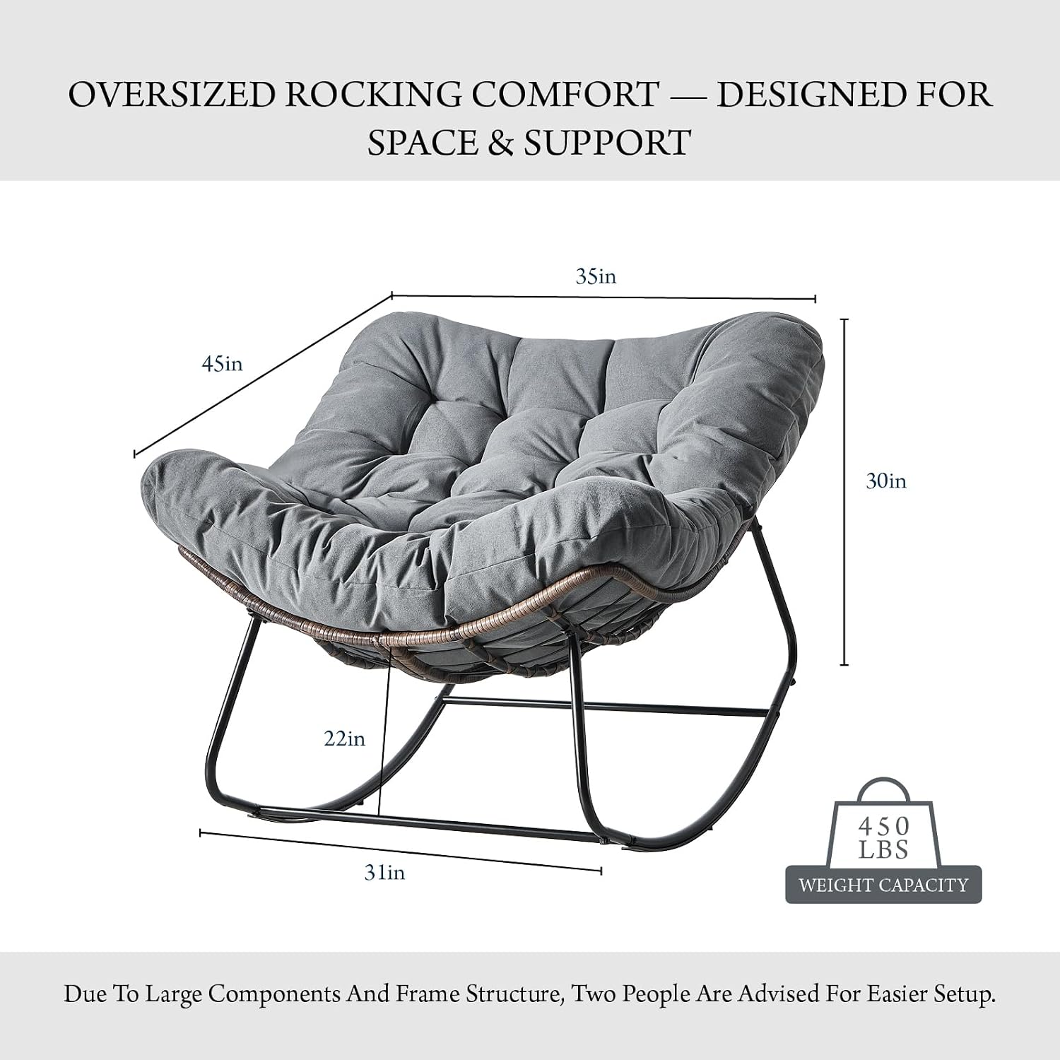 Outdoor Rocking Chair, Oversized Papasan Wicker Lounge Chair with Cushion, Relaxing Patio Rocker, Indoor Reading Egg Chair for Porch, Patio, Bedroom, Garden (Dark Grey)