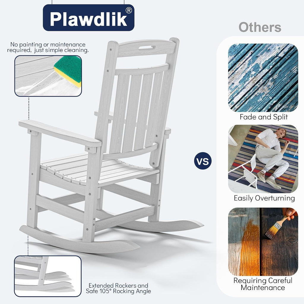 Plawdlik Oversized HDPE Outdoor Rocking Chair - 380 lbs Capacity, All - Weather, Ergonomic for Patio & Backyard,White