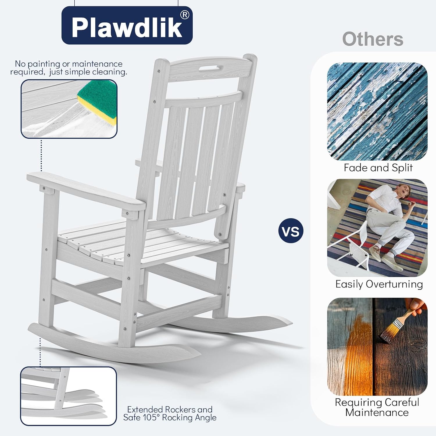 Plawdlik Oversized HDPE Outdoor Rocking Chair - 380 lbs Capacity, All - Weather, Ergonomic for Patio & Backyard,White