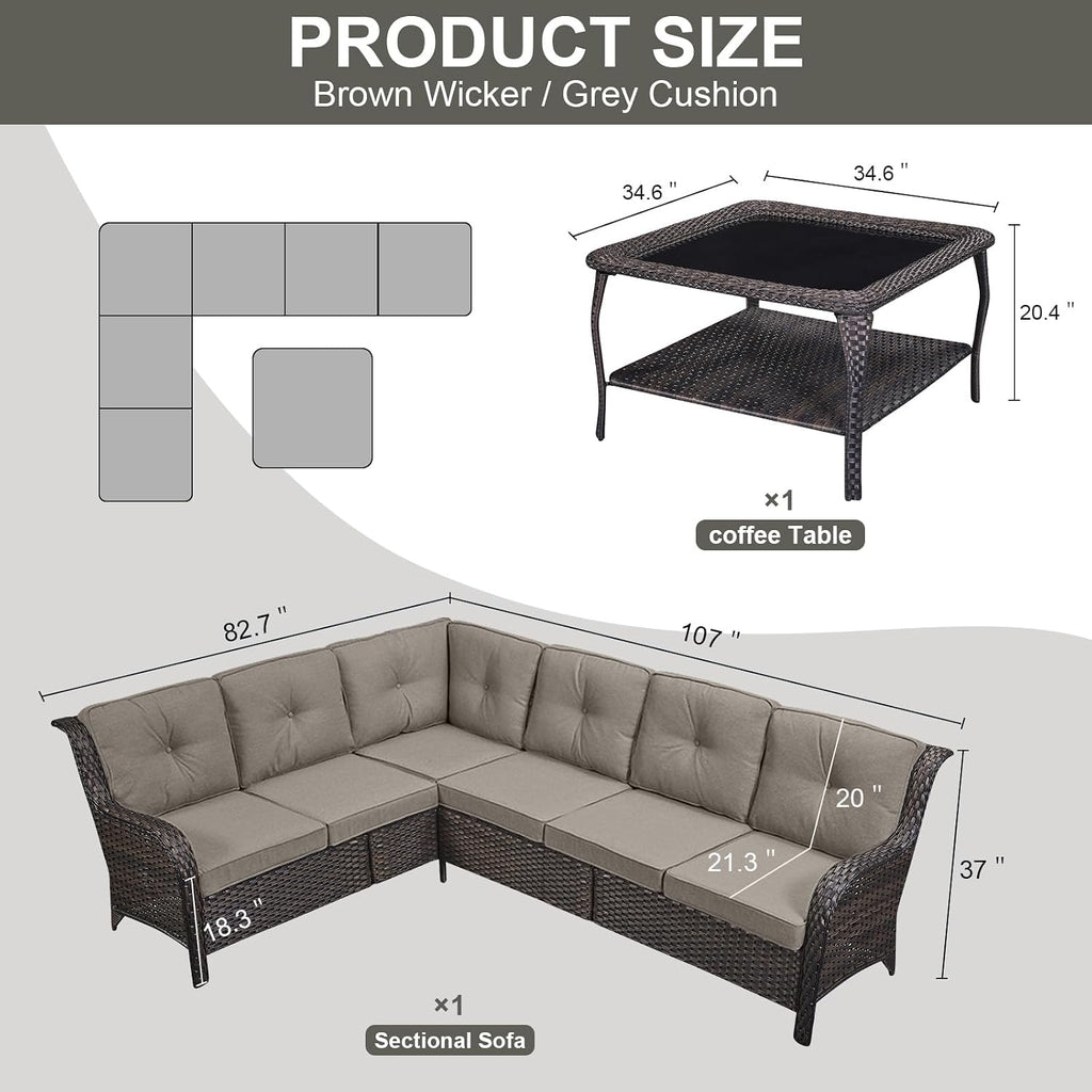 Belord Patio Furniture Set 6 Seats, Oversized Outdoor Sectional Couch, Two 3-Seater Sofas with Coffee Table, Patio Conversation Sets,Ideal for Porch, Deck, Brown Wicker/Gray