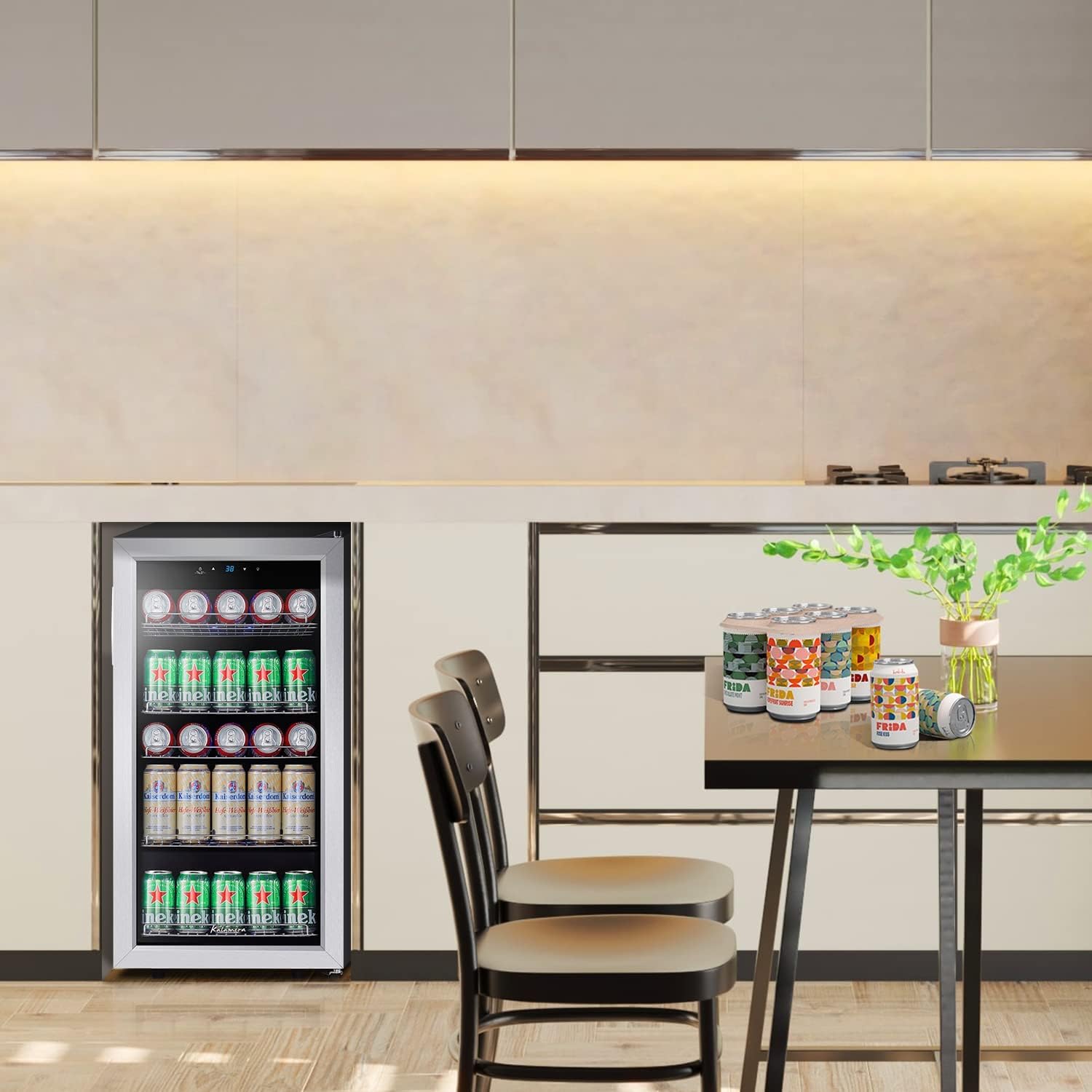 Kalamera Mini Beverage Refrigerator Freestanding- 120 Cans Capacity Beverage Cooler- for Soda, Water, Beer or Wine - for Kitchen or Bar with White Interior Light