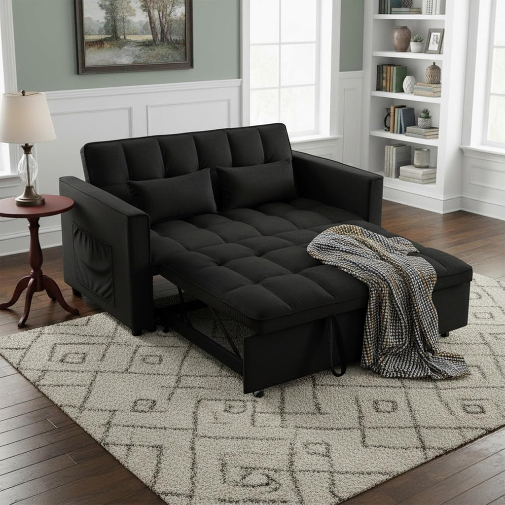 Convertible Sofa Bed,3 in 1 Pull Out Couch Adjustable Backrest, Modern Velvet Upholstery Sleeper Sofa Bed, Loveseat Couch for Living Room, Bedroom & Apartments (Black)