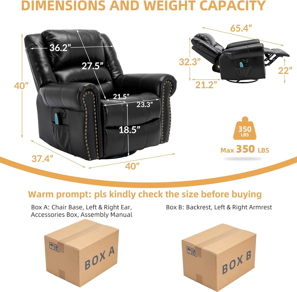 Manual Massage Recliner with Heating Function, 360° Swivel Glider Rocking Recliner Chair for Living Room, Ergonomic Single Sofa Chair with Remote Control/USB Ports/Side Pockets(Black)