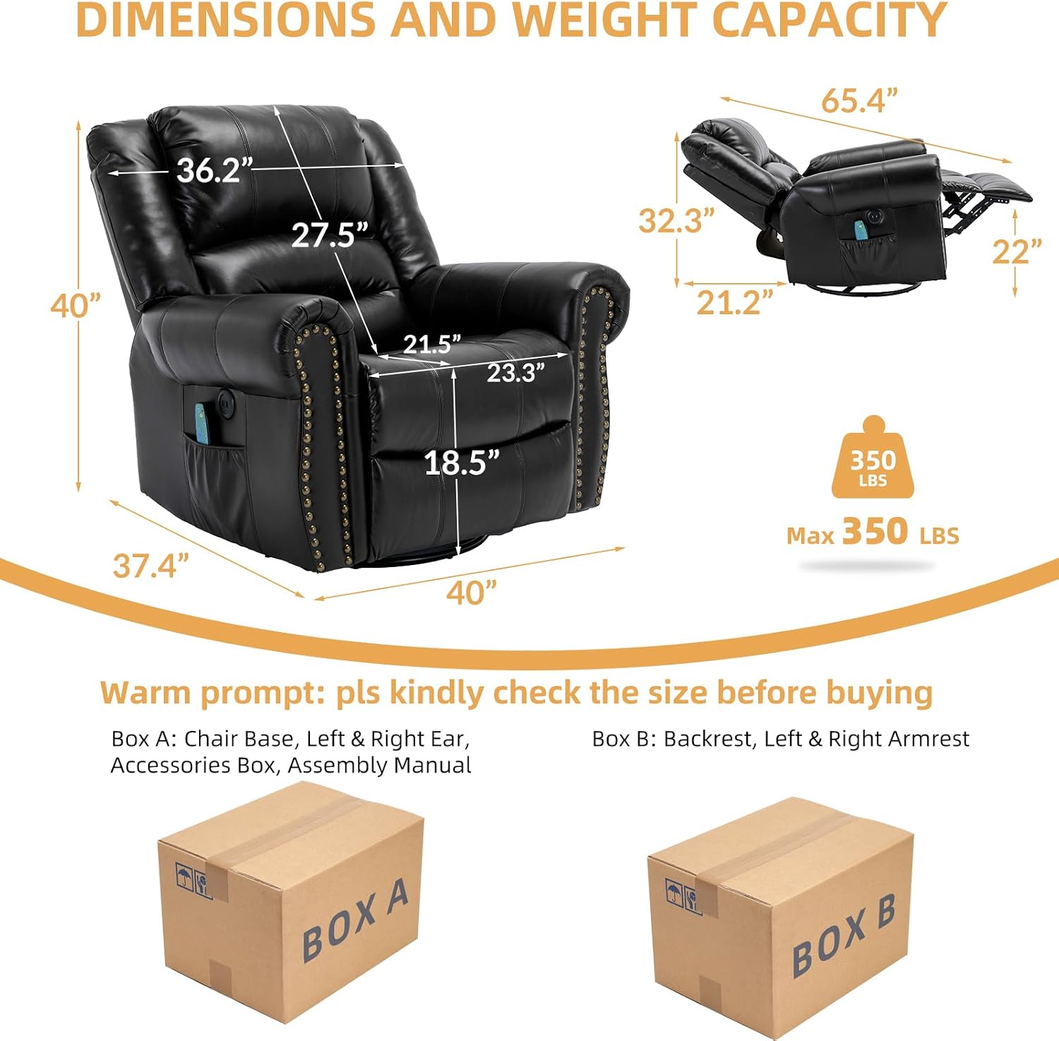 Manual Massage Recliner with Heating Function, 360° Swivel Glider Rocking Recliner Chair for Living Room, Ergonomic Single Sofa Chair with Remote Control/USB Ports/Side Pockets(Black)