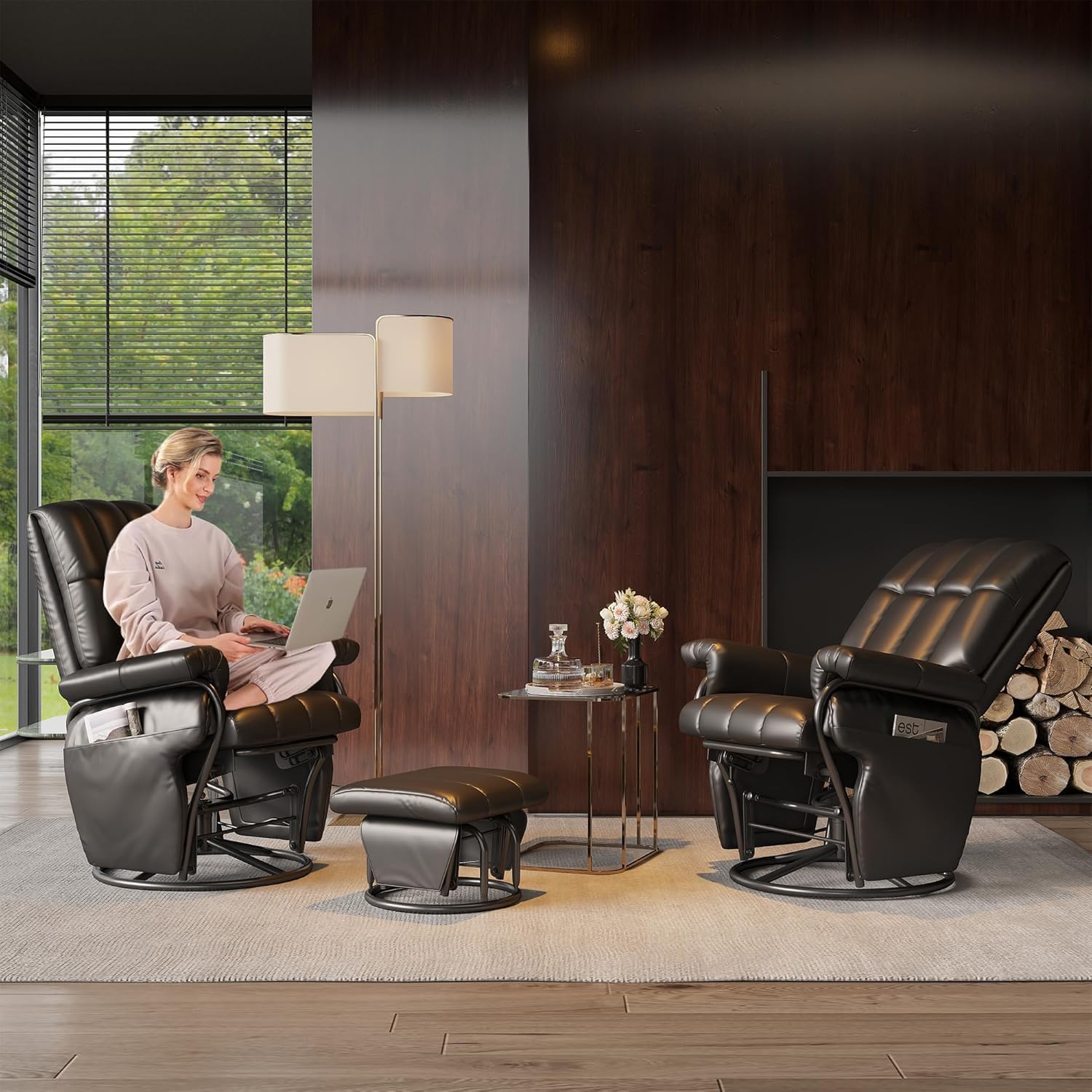 JIASTING 360° Swivel Recliner Chair, Nursing Glider Rocking Recliner Chair with Ottoman & Side Pockets, Gliding Chair for Nursery, Office, Living Room, Bedroom, Metal Frame