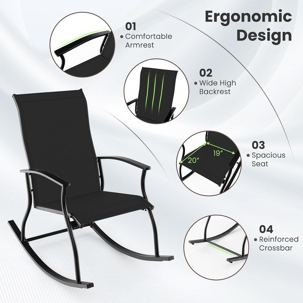 Tangkula Patio Rocking Chairs Set of 2, Outdoor Rocking Chair with Smooth & Safe Rocking Motion, Ergonomic Backrest, Breathable Fabric, All-Weather Outdoor Rocker for Backyard, Poolside (1,Black)