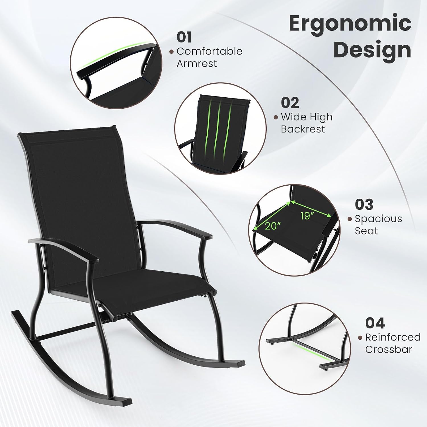 Tangkula Patio Rocking Chairs Set of 2, Outdoor Rocking Chair with Smooth & Safe Rocking Motion, Ergonomic Backrest, Breathable Fabric, All-Weather Outdoor Rocker for Backyard, Poolside (1,Black)