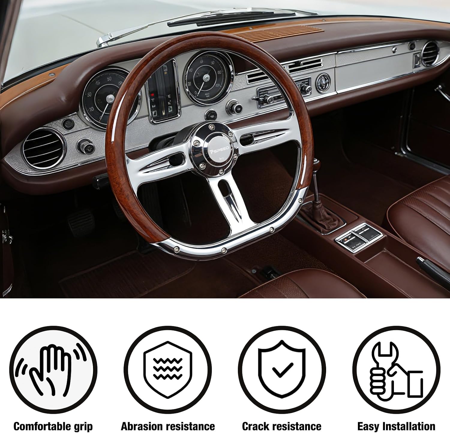 14 inch Wood D-shaped Universal steering wheel, 6 Bolt 3 Spokes Chrome-Plated aluminum alloy,50mm Deep Dish with horn Fit for Vintage,for Racing,for boat for Classic car steering wheel
